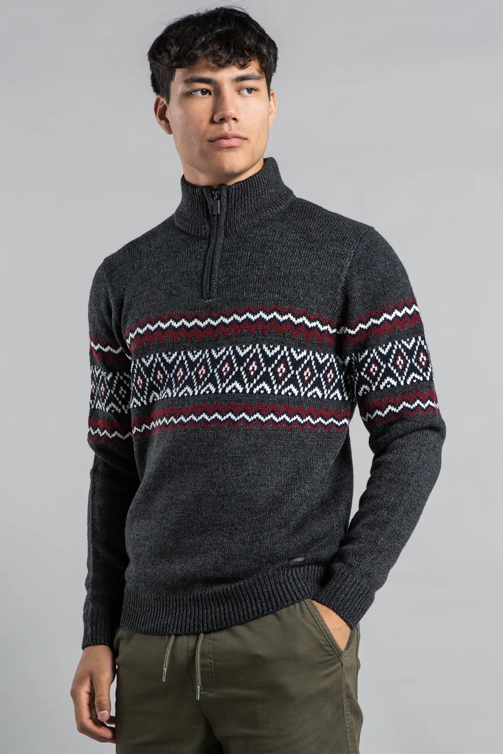 1/4 Zip Jacquard Funnel Neck Jumper