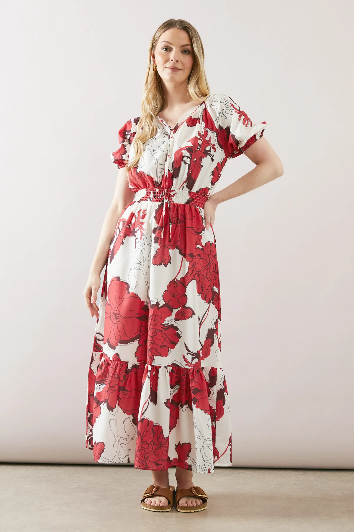 Floral Puff Sleeve Tie Front Midaxi Dress 1 Floral Puff Sleeve Tie Front Midaxi Dress