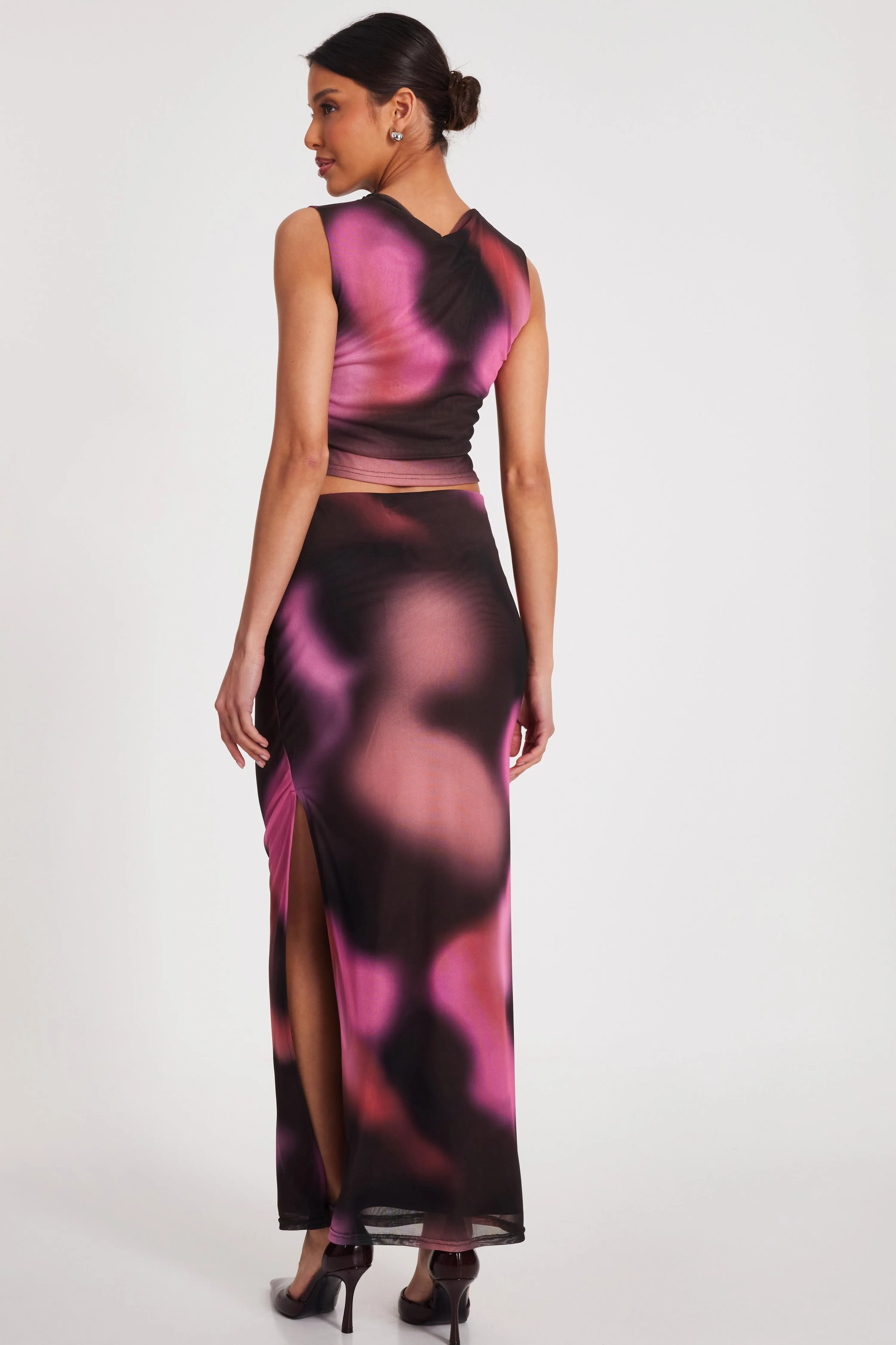 Brown Mesh Marble Print Maxi Skirt 2 Brown Mesh Marble Print Maxi Skirt