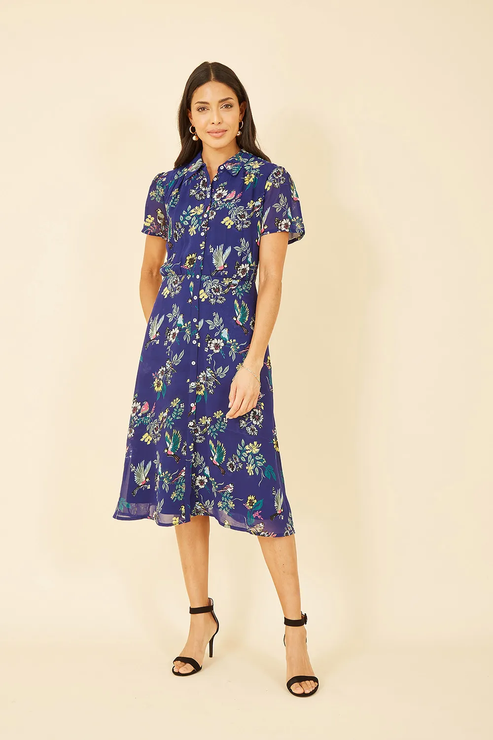 Navy Recycled Bird Print Midi Shirt Dress 1 Navy Recycled Bird Print Midi Shirt Dress