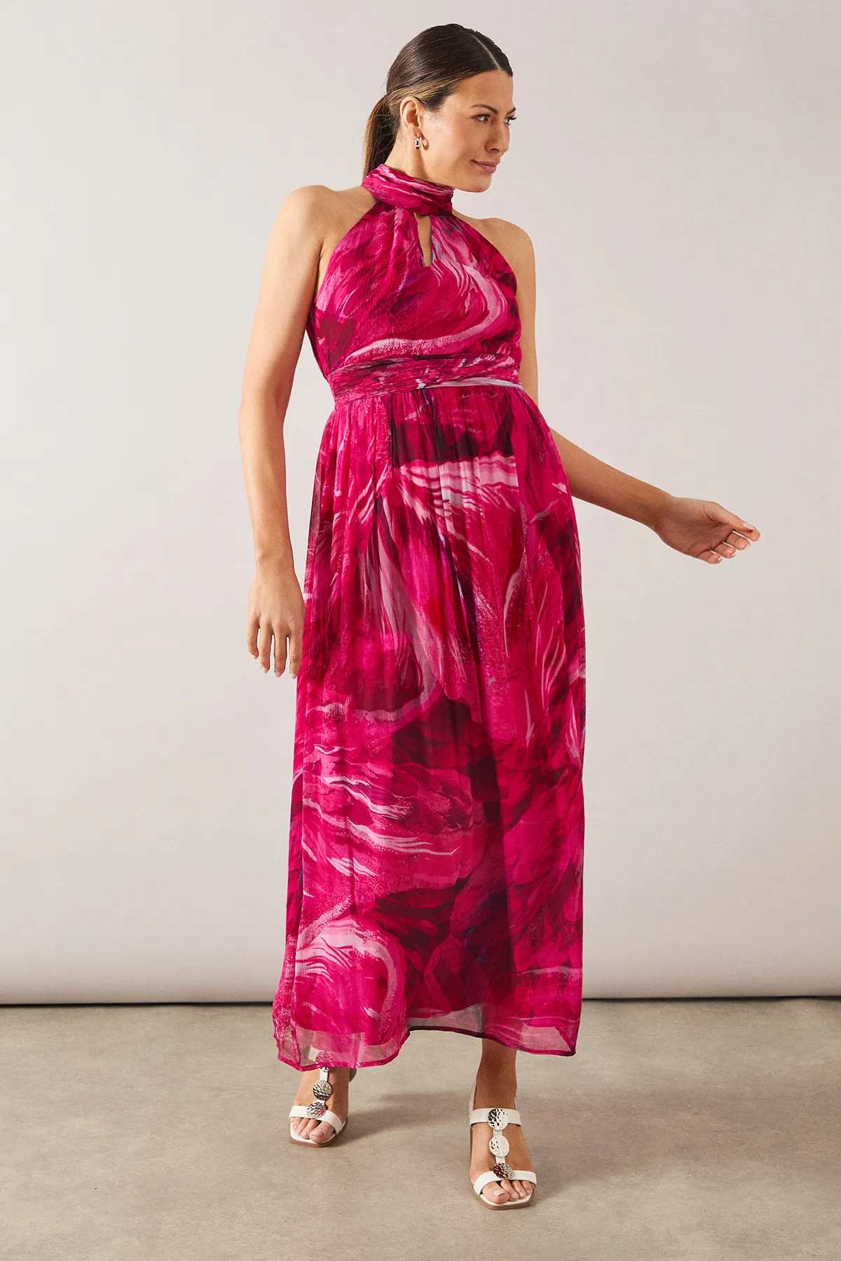 Feather Print Viscose Tie Neck Midi Dress 1 Feather Print Viscose Tie Neck Midi Dress