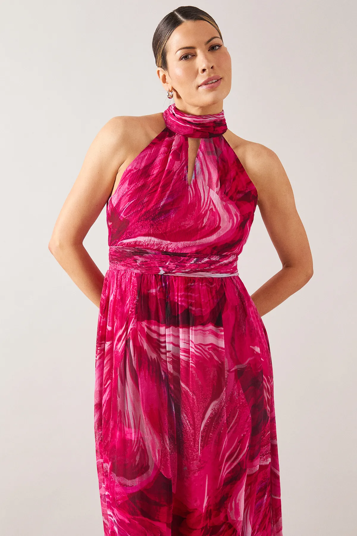 Feather Print Viscose Tie Neck Midi Dress 2 Feather Print Viscose Tie Neck Midi Dress