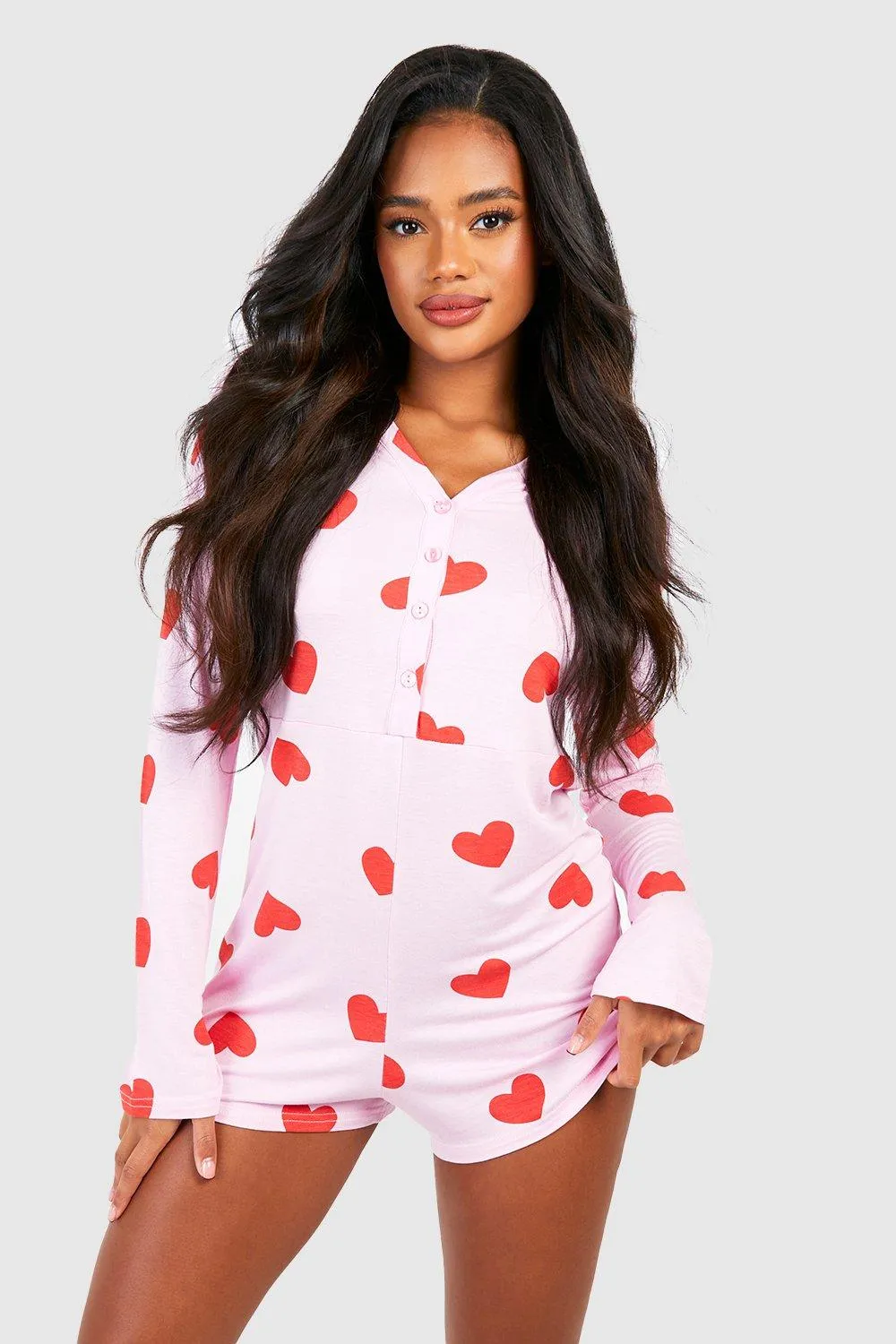 Heart Print Button Front Romper
