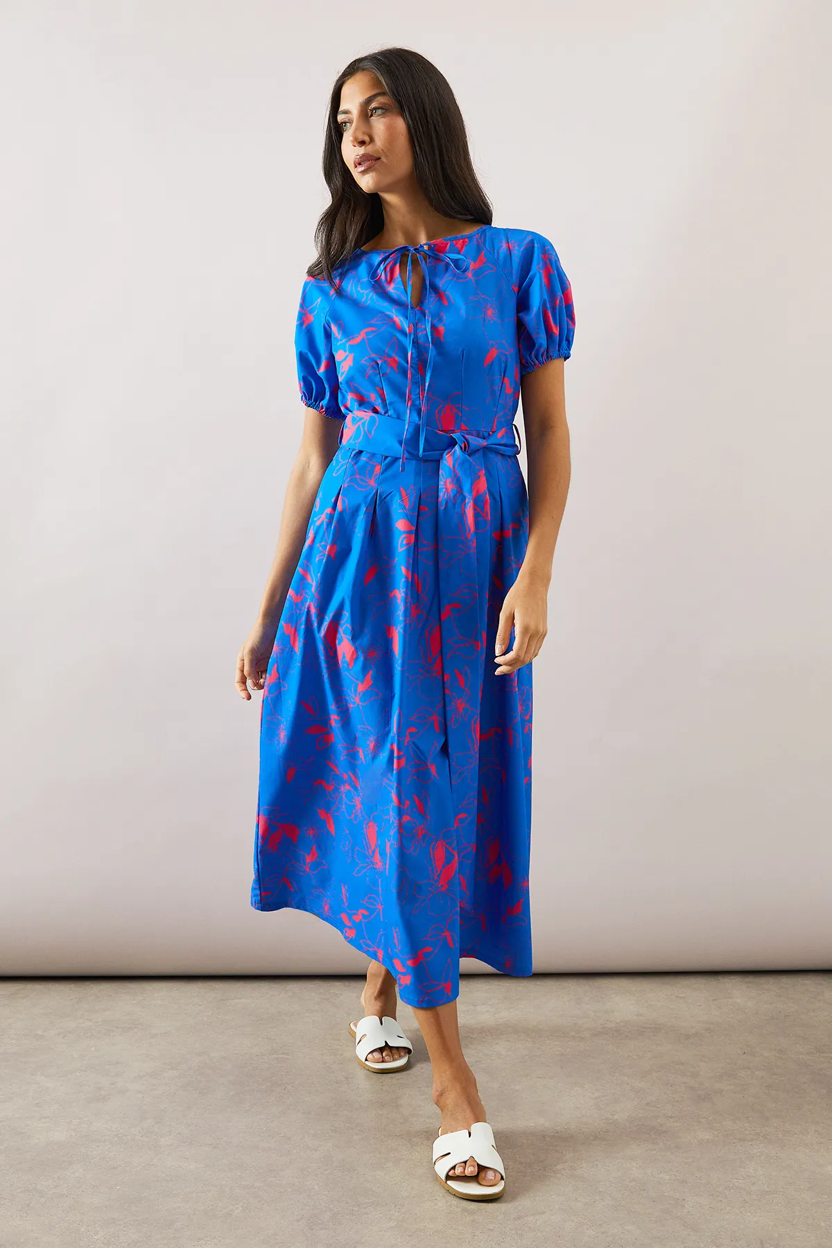 Floral Cotton Puff Sleeve Belted Midi Dress 4 Floral Cotton Puff Sleeve Belted Midi Dress