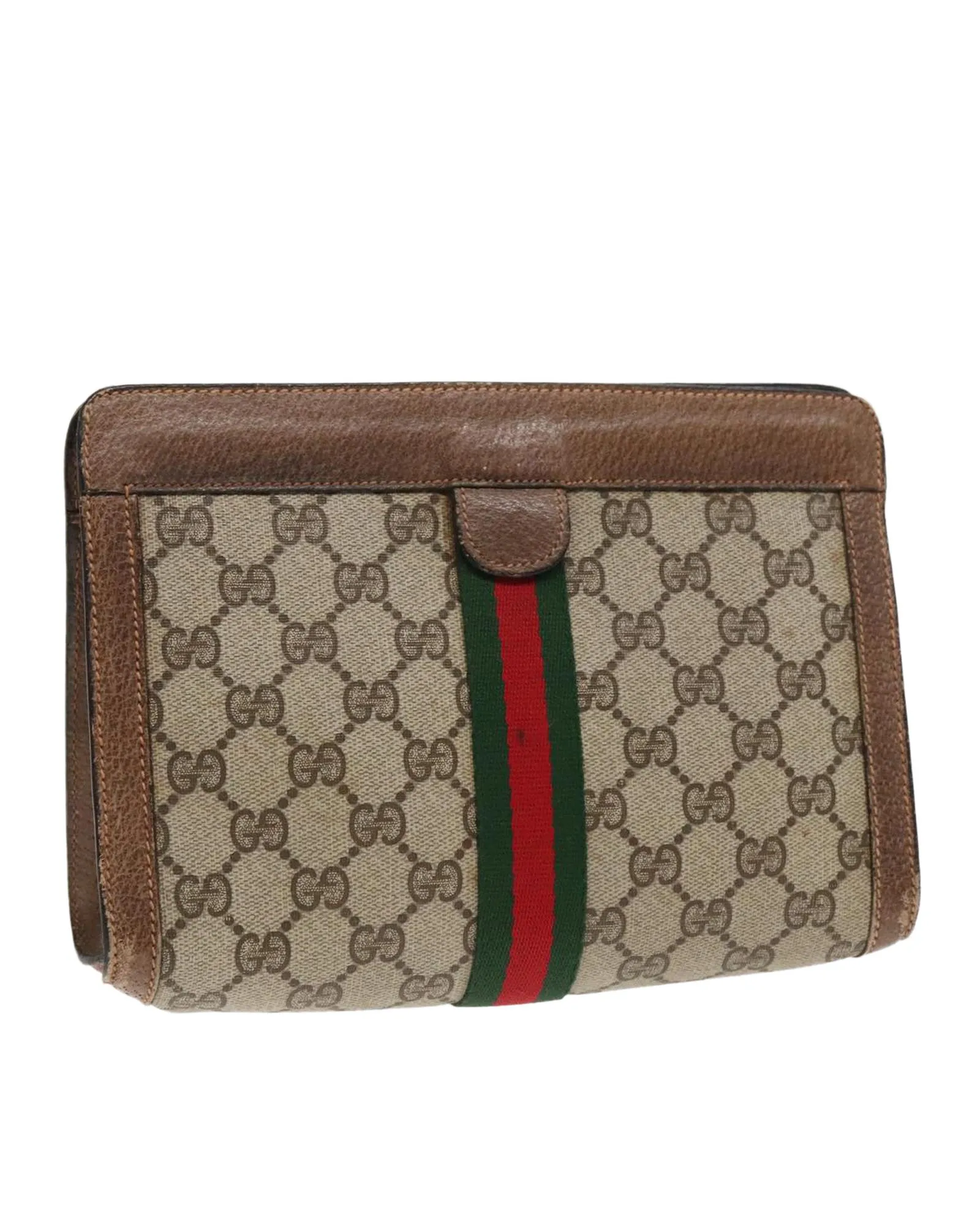 Preloved GG Supreme Canvas Clutch Web Stripe Womens - Beige Bag