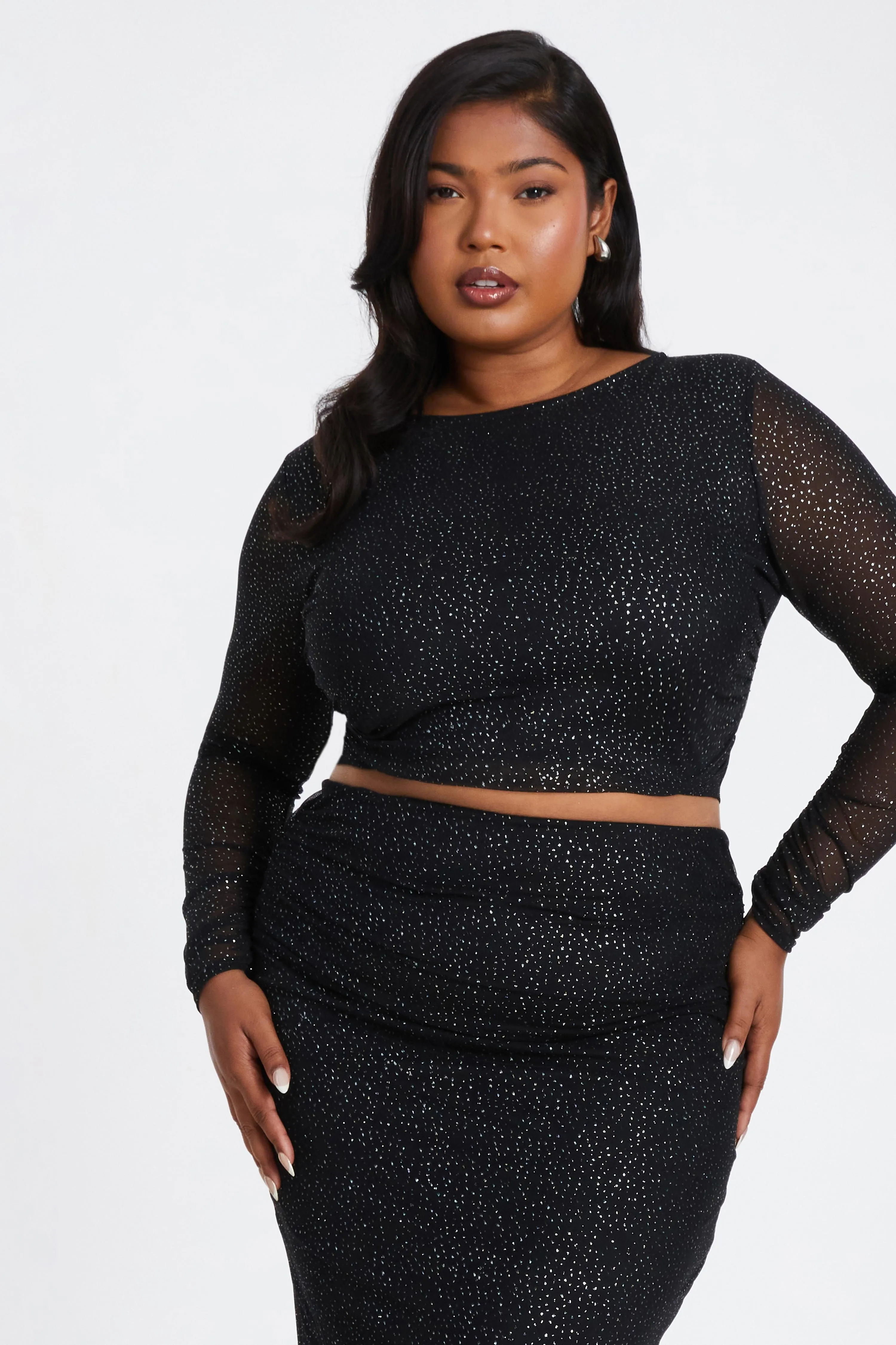 Black Curve Glitter Mesh Long Sleeve Top
