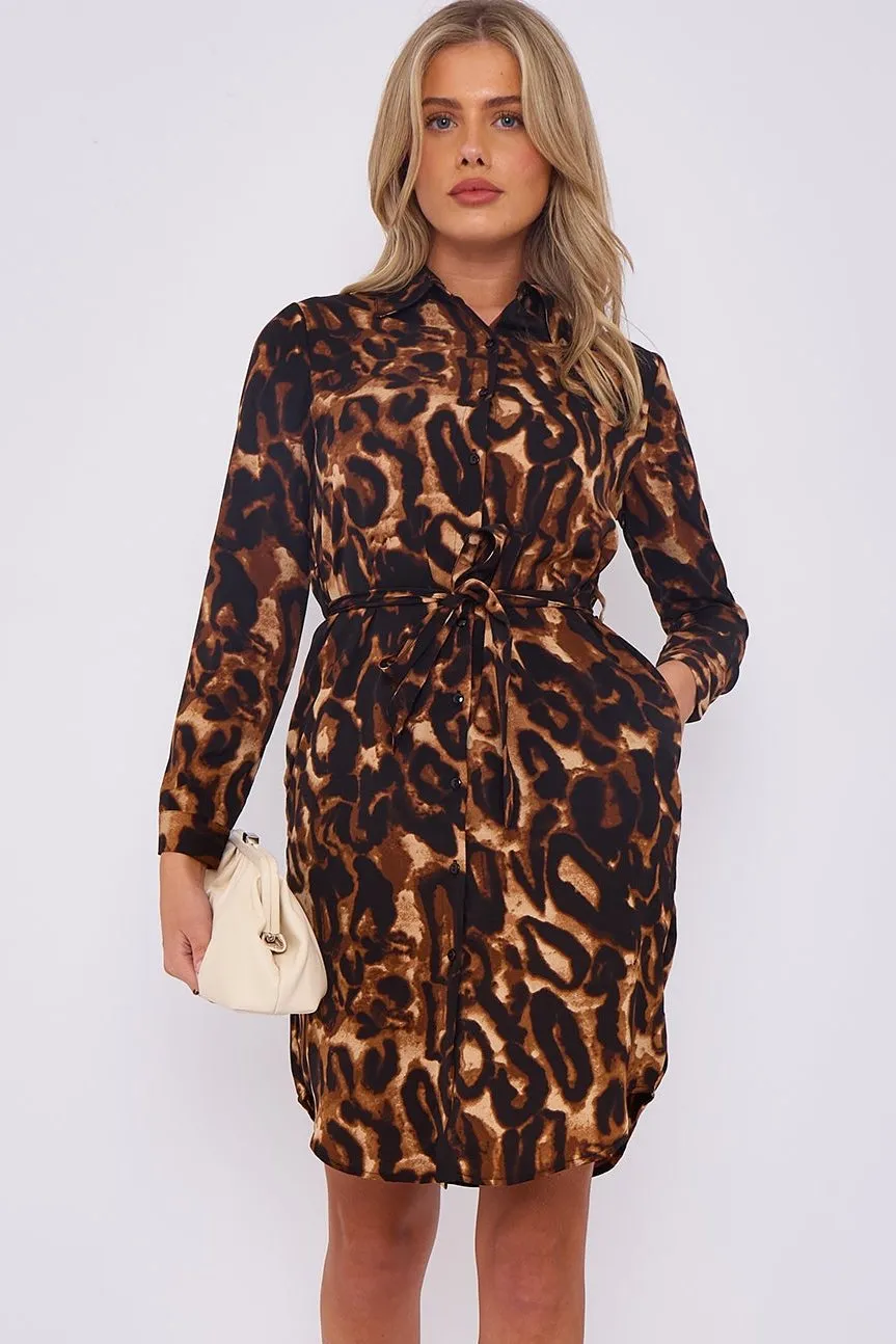 Dark Brown Leopard Print Mini Shirt Dress