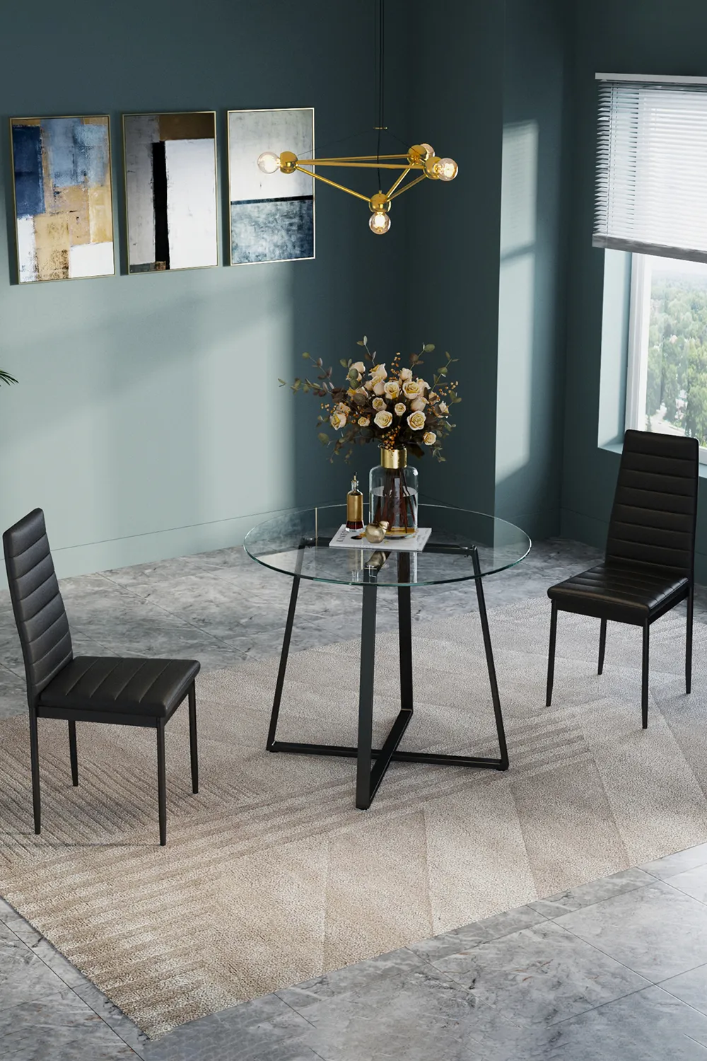 3pcs Set of Round Dining Table & 2 High Back Leather Dining Chairs Tempered Glass Table Set