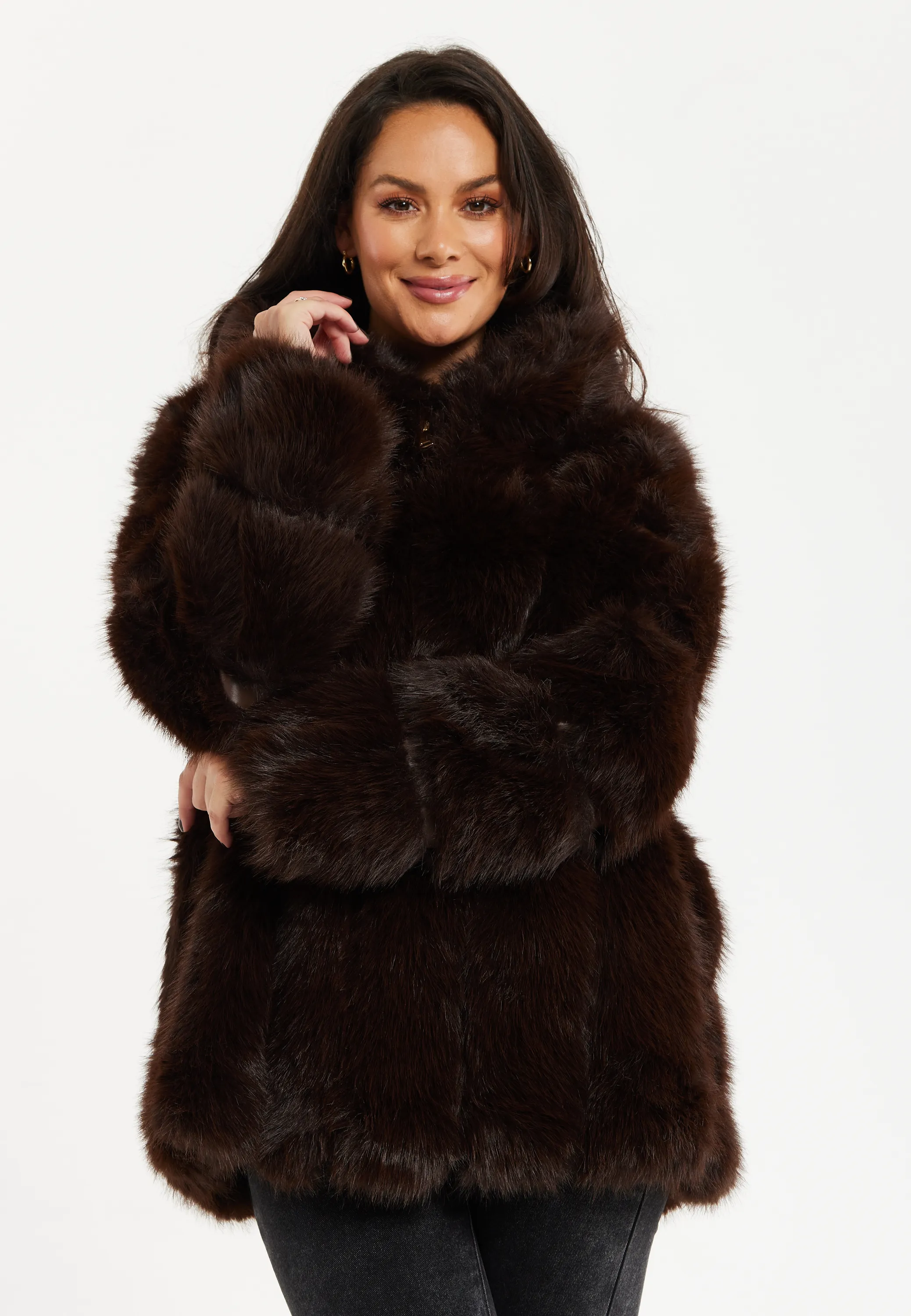 Luxe Chocolate Brown Faux Fur Jacket with Hood