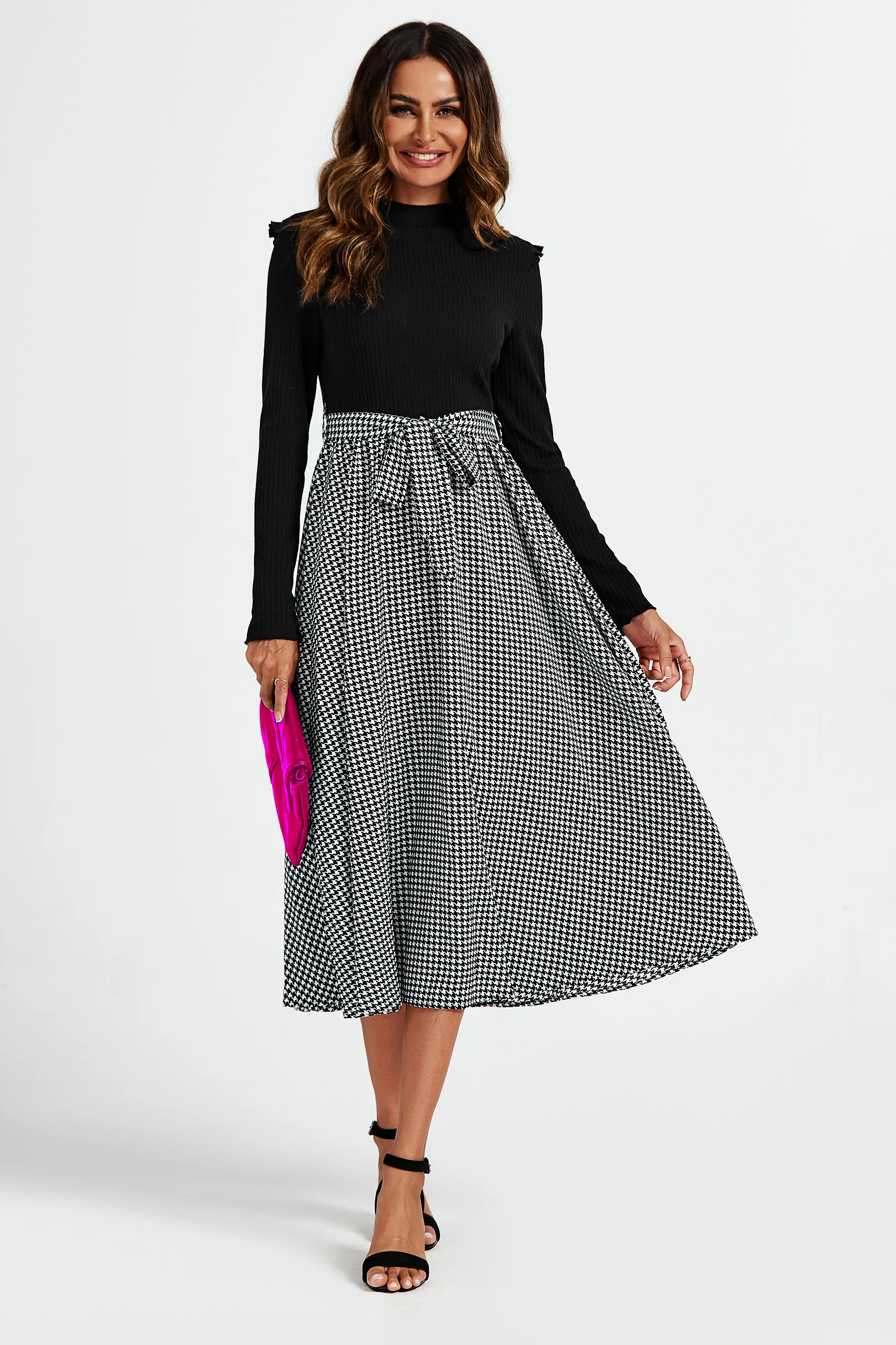 2 In 1 Houndstooth Printed Midi Dress