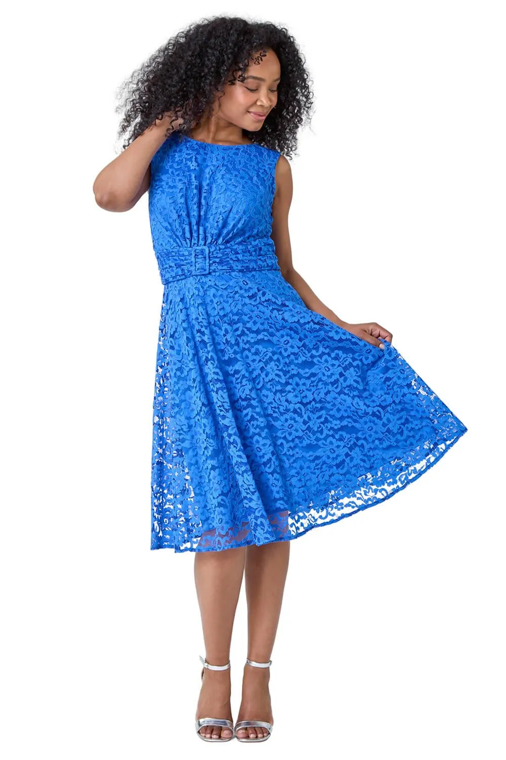 Petite Lace Shimmer Belted Midi Dress 1 Petite Lace Shimmer Belted Midi Dress