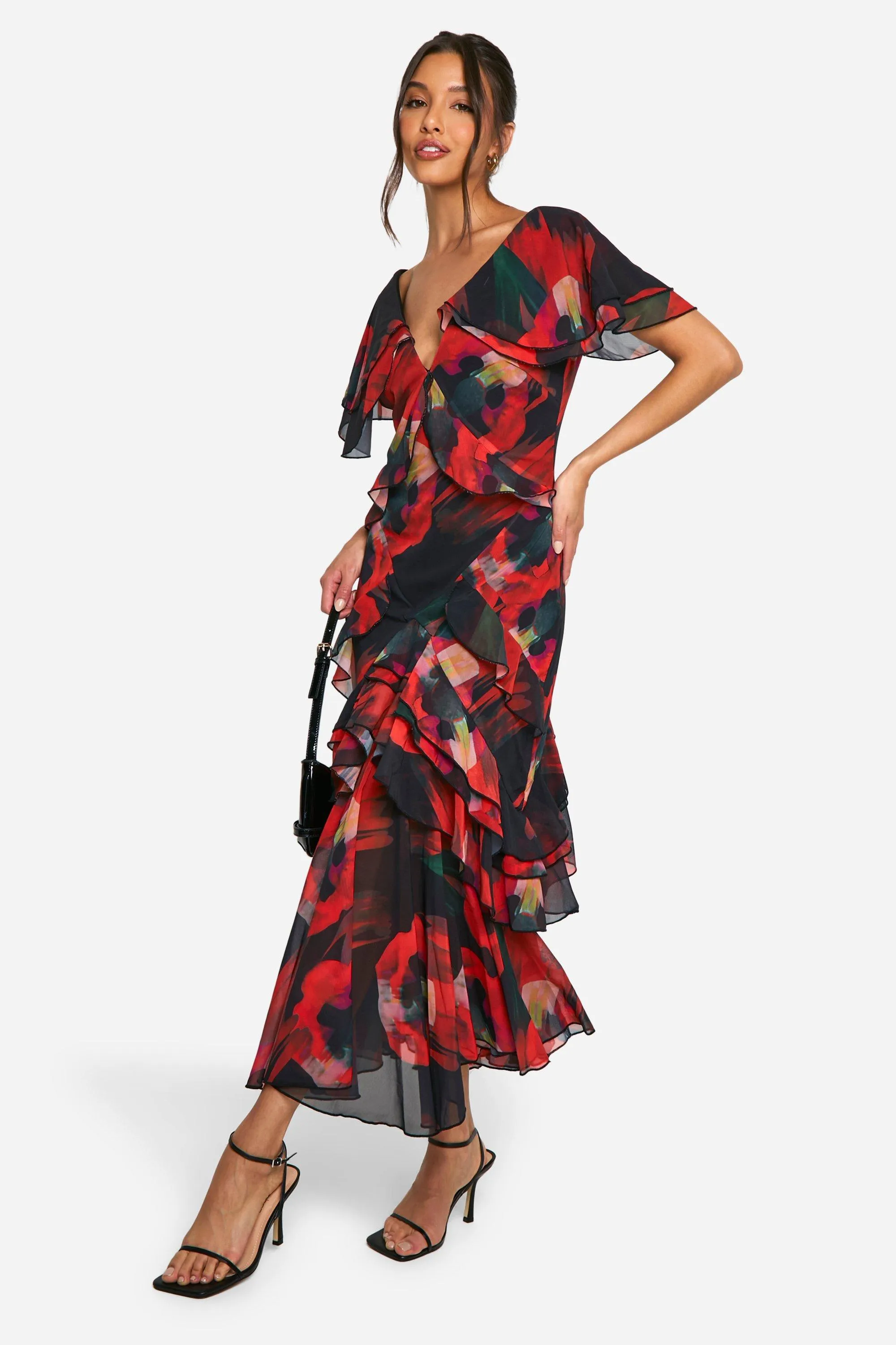 Blur Print Ruffle Maxi Dress