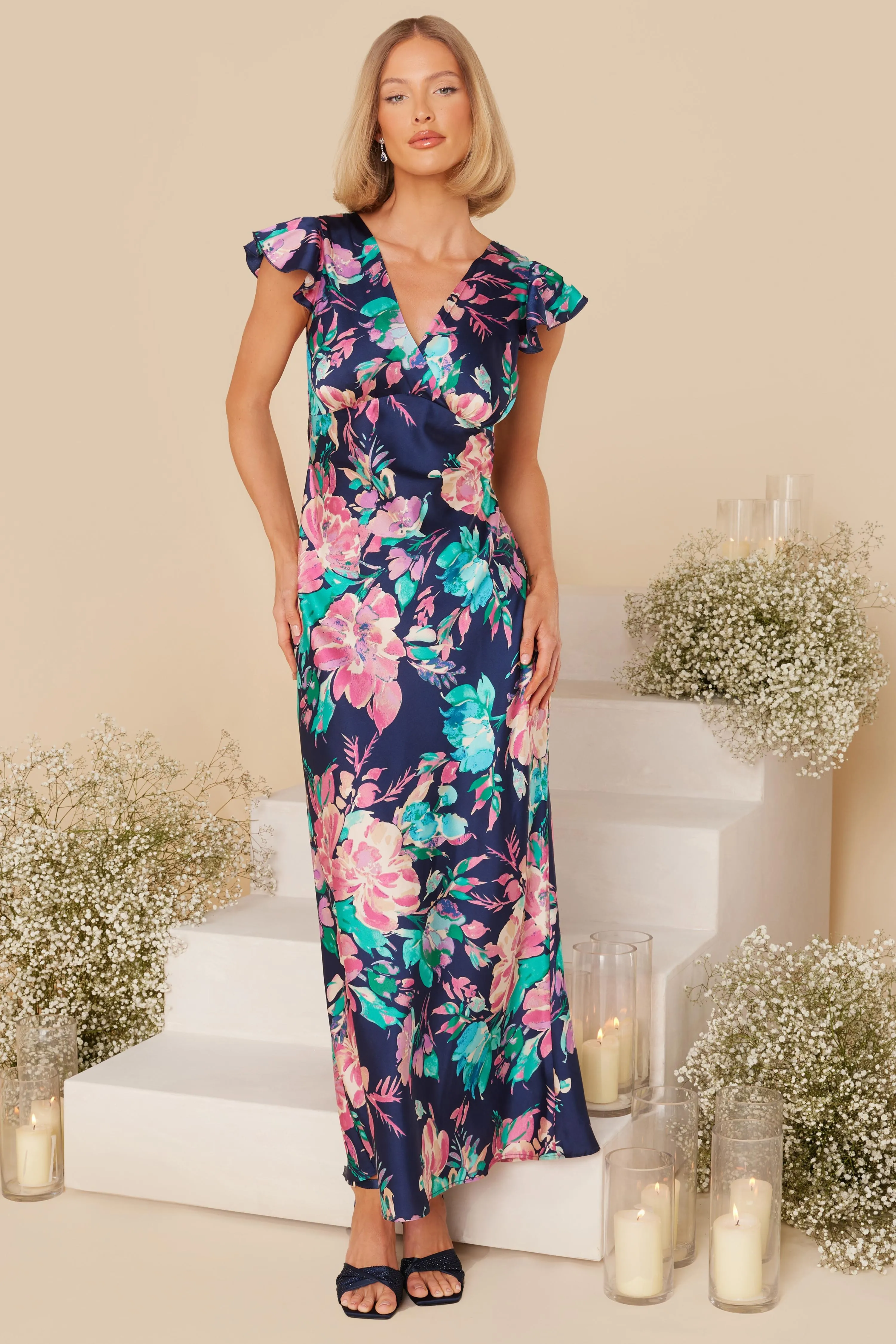 Blue Satin Floral Maxi Dress 1 Blue Satin Floral Maxi Dress