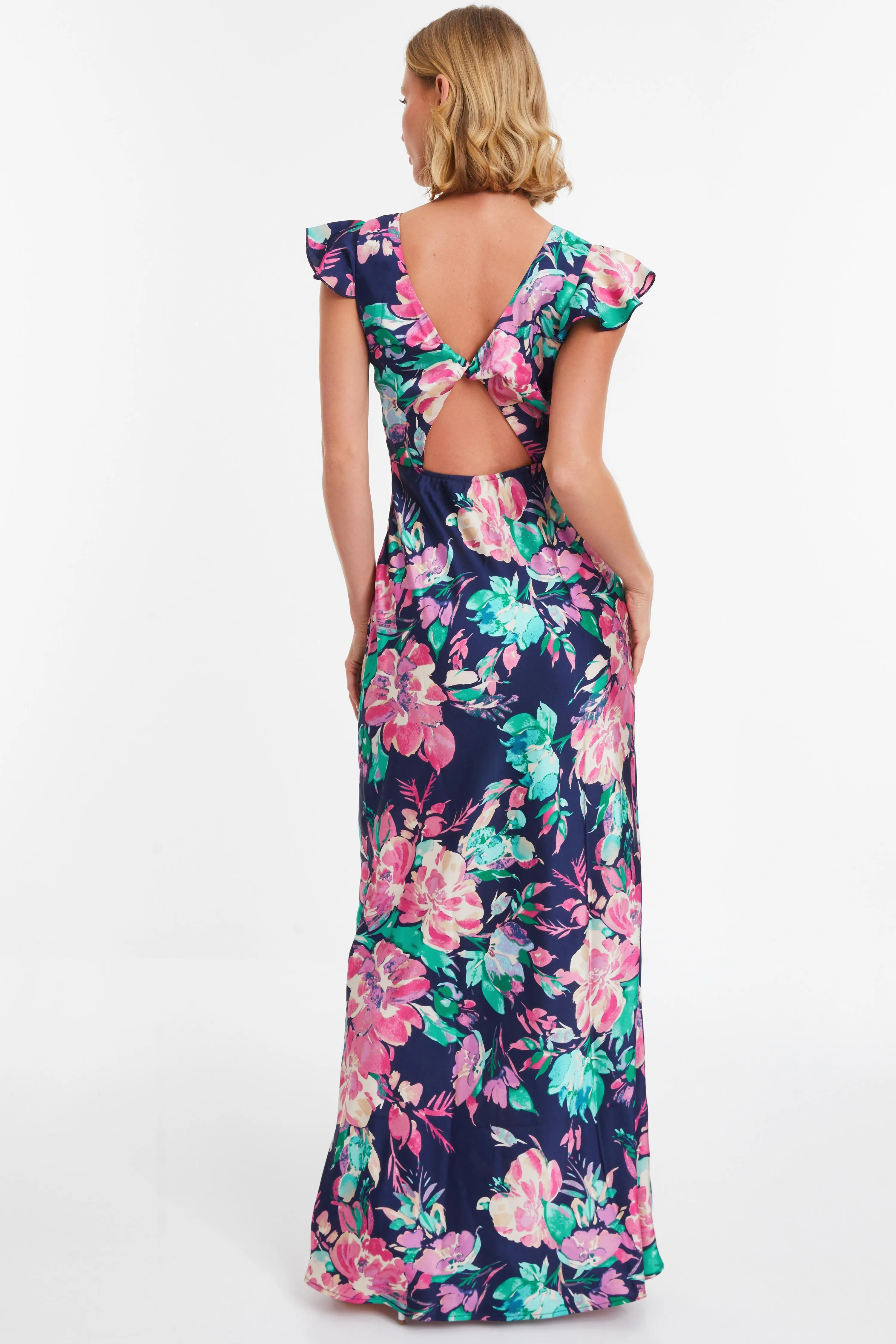 Blue Satin Floral Maxi Dress 2 Blue Satin Floral Maxi Dress