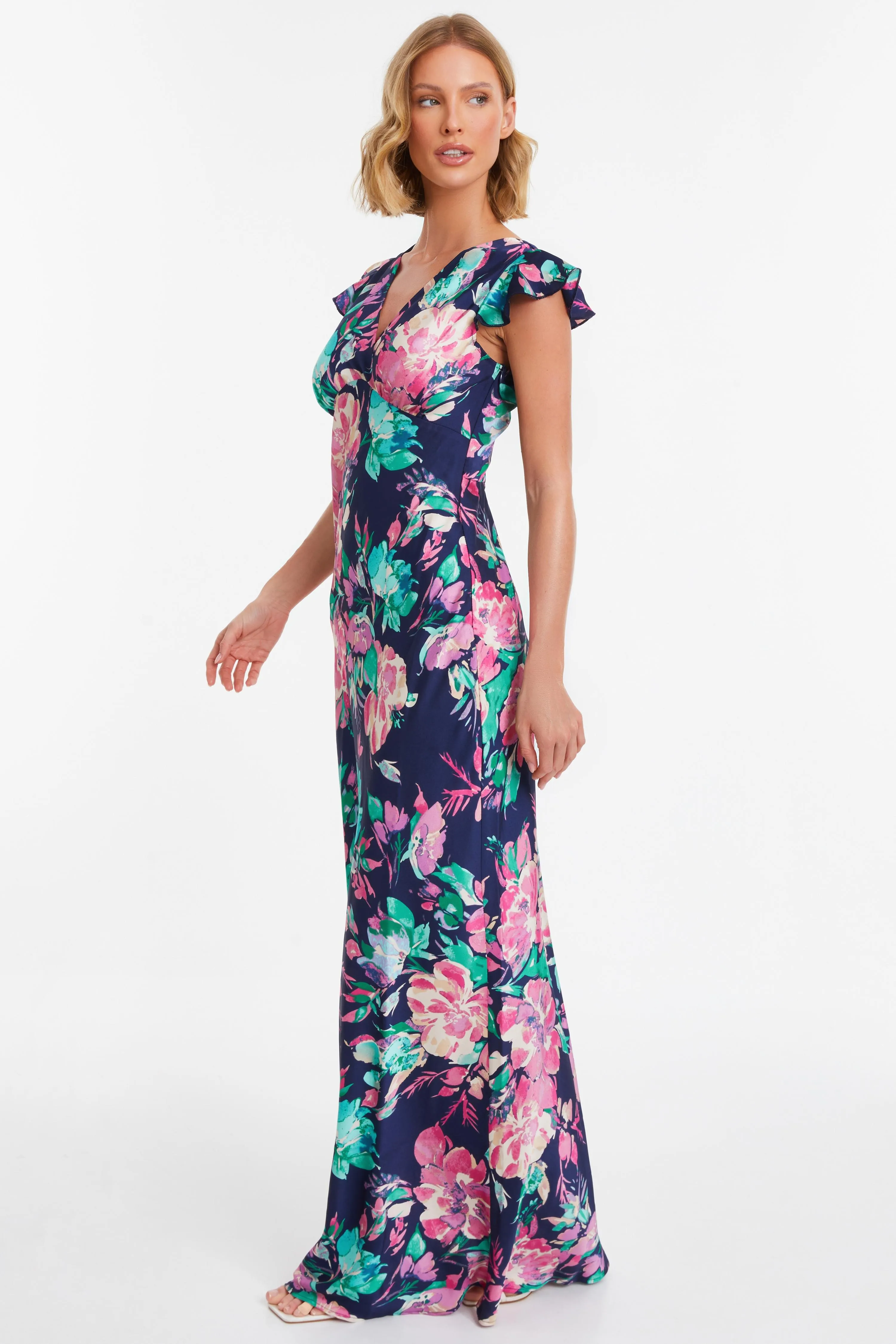 Blue Satin Floral Maxi Dress 3 Blue Satin Floral Maxi Dress