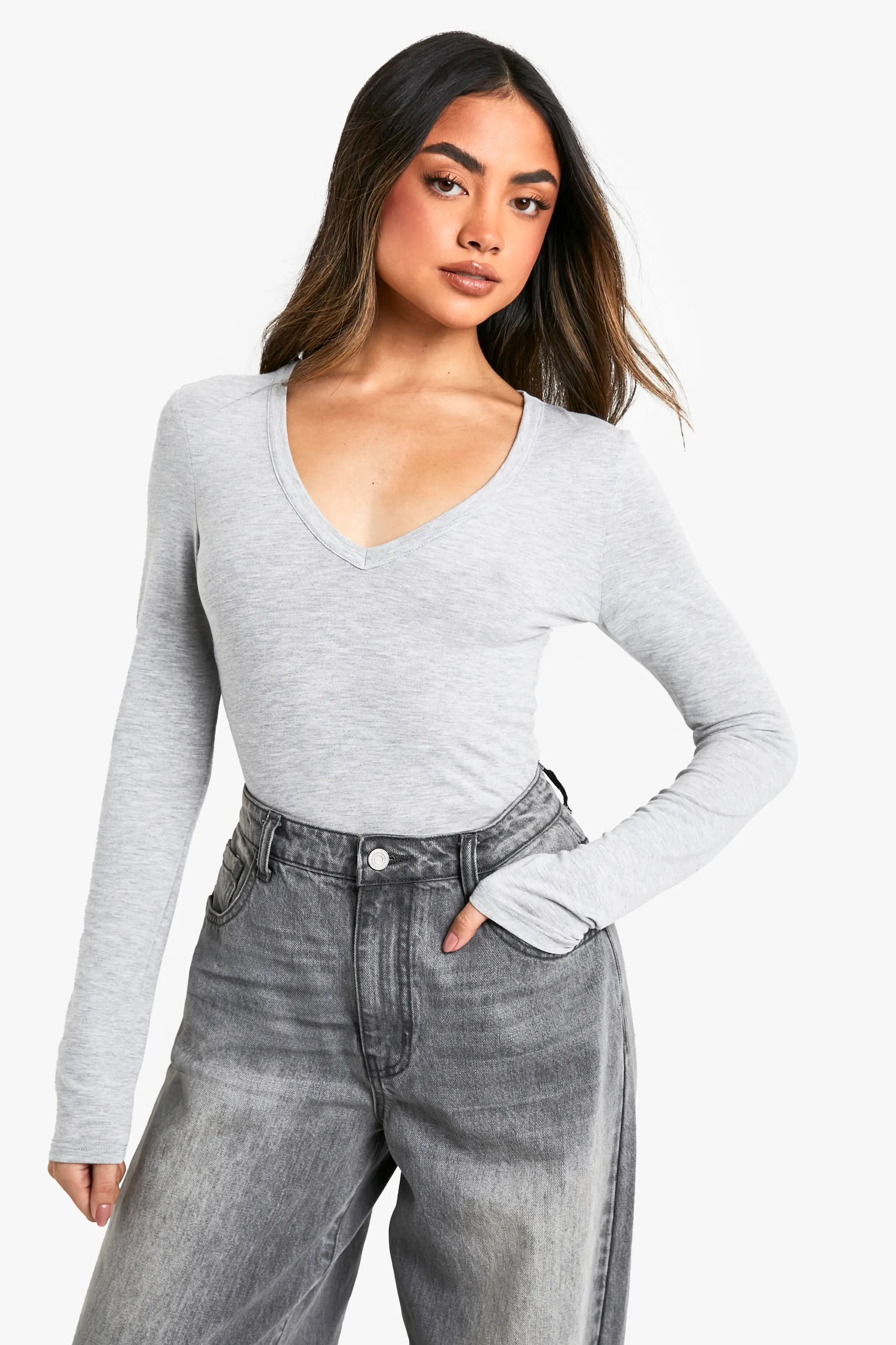 Basic Marl V Neck Long Sleeve Bodysuit