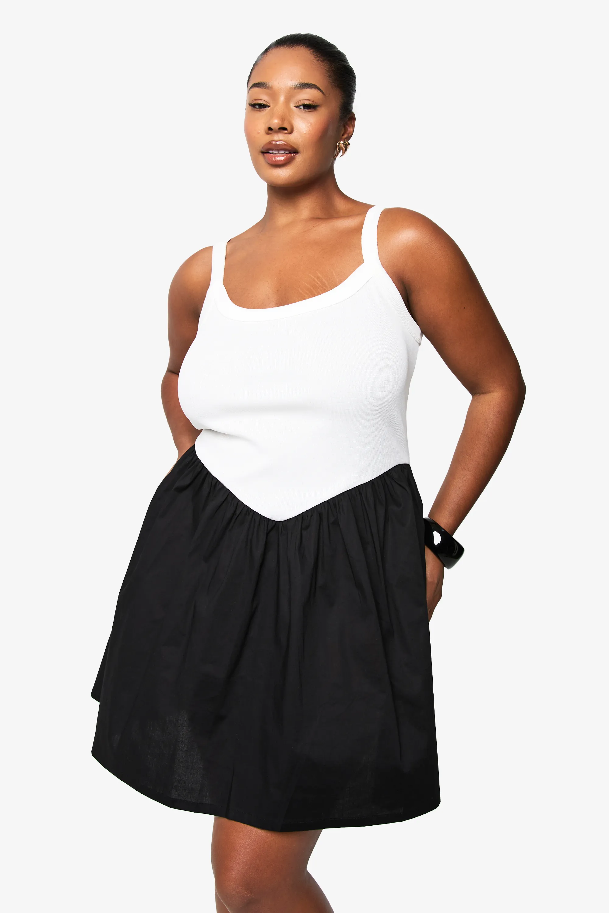 Plus contrast fabric strappy skater dress