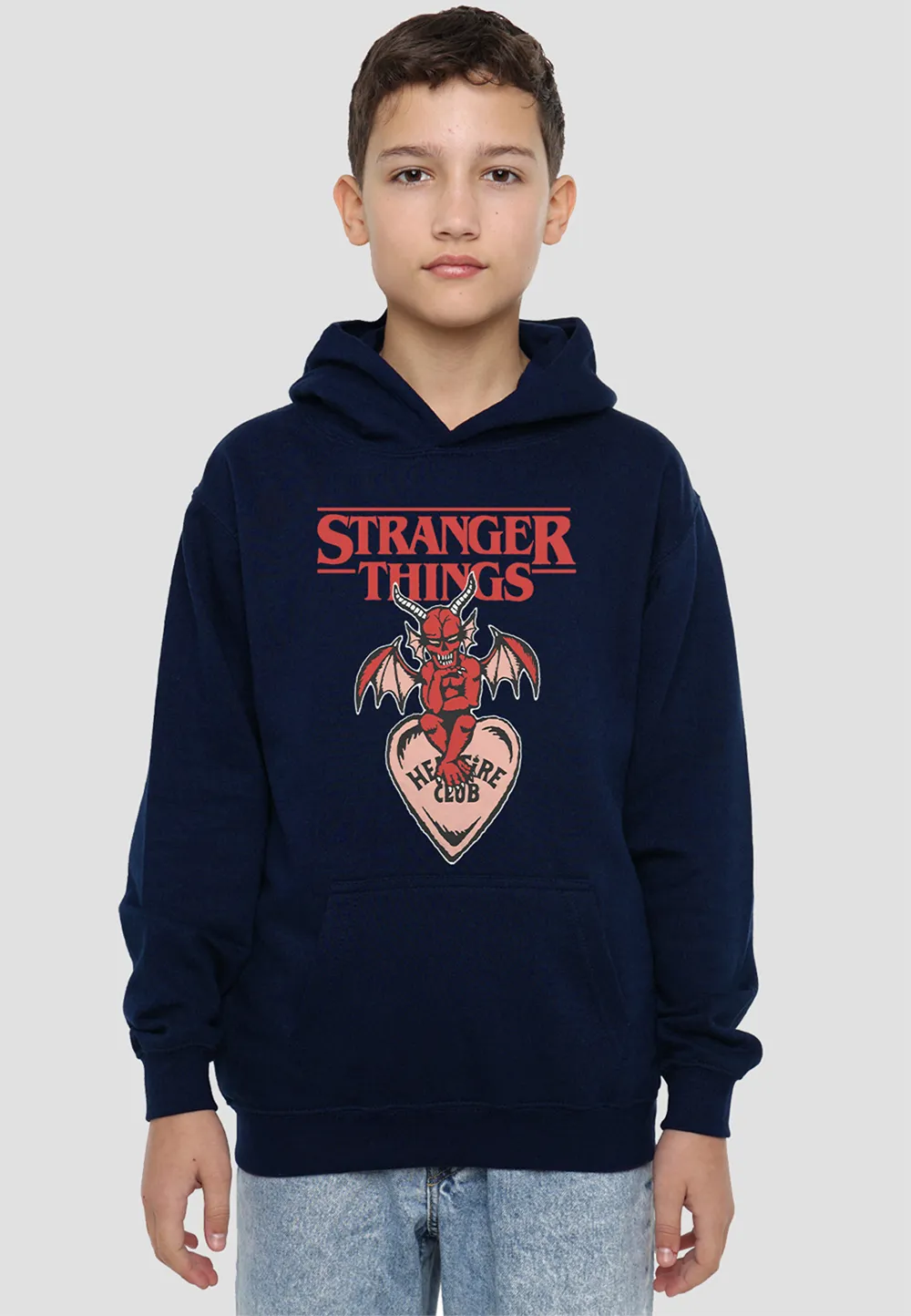 Stranger Things Hellfire Heart Youth Kids Pull-Over Hoodie, Navy 1 Stranger Things Hellfire Heart Youth Kids Pull-Over Hoodie, Navy
