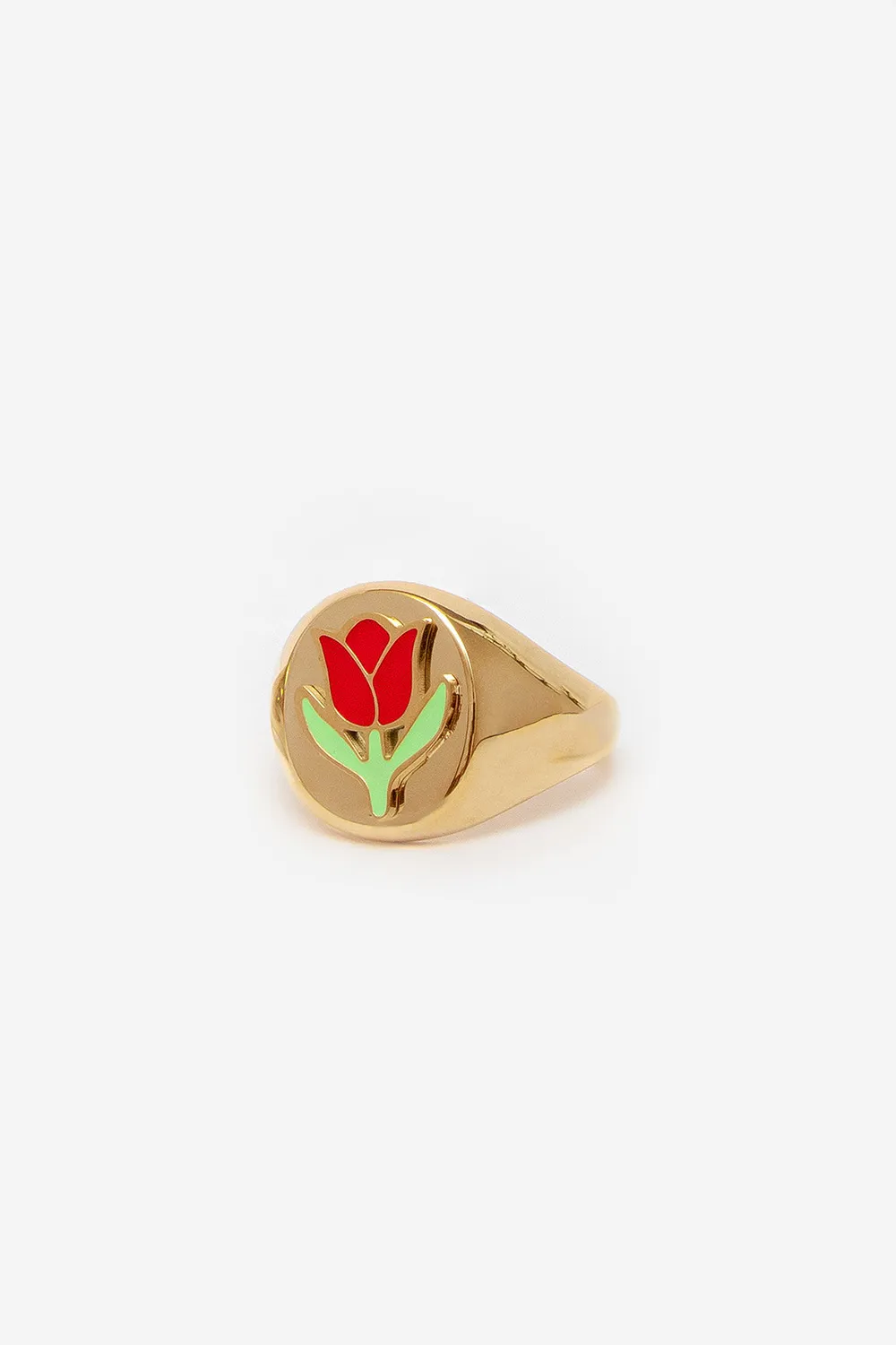 18k Gold Big Signet Ring With Red Rose Flower