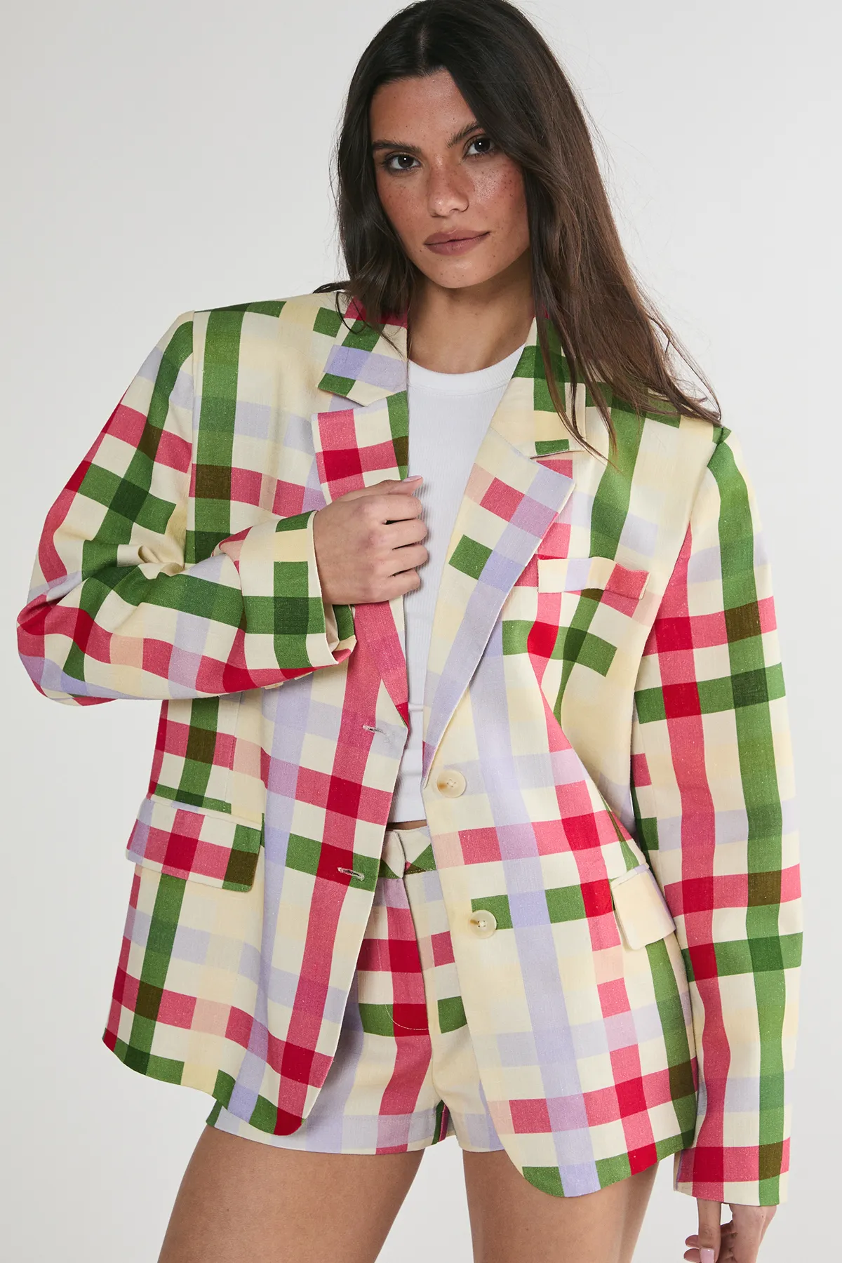 Linen Mix Gingham Oversized Blazer