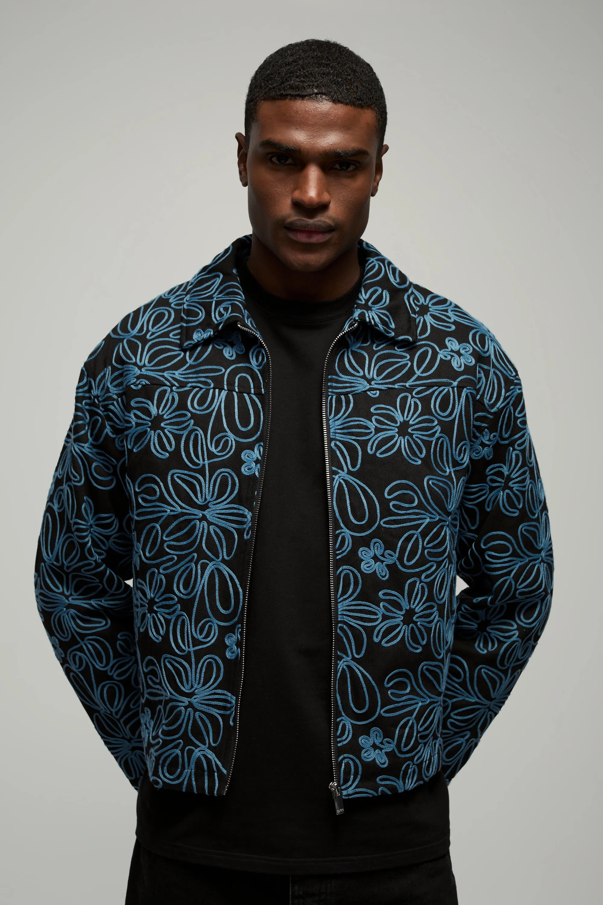 Boxy All Over Applique Floral Twill Harrington Jacket