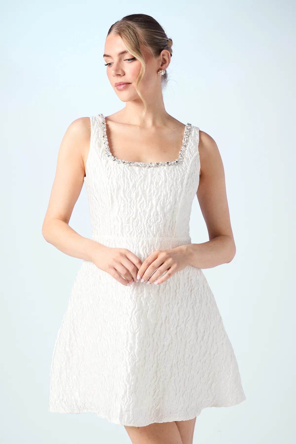 Jacquard Full Skirted Mini Dress With Jewel Trim