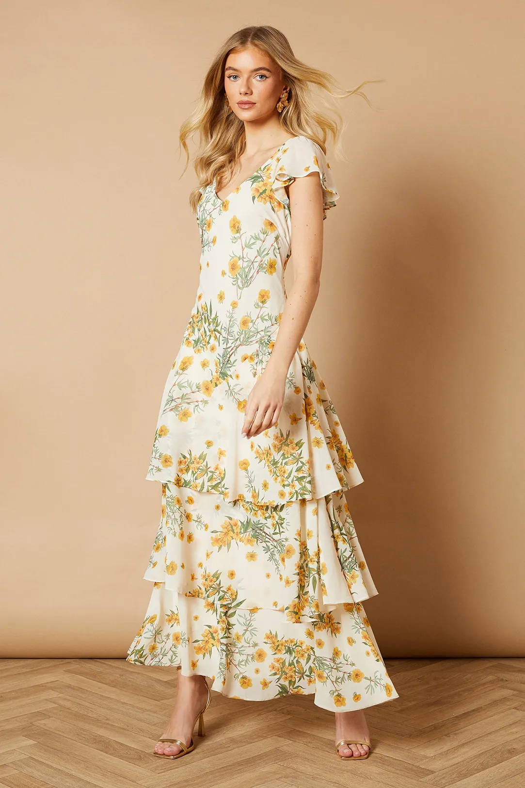 Floral Printed Chiffon Ruffle Tiered Maxi Dress