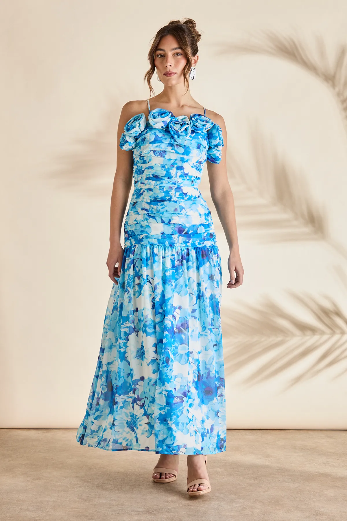 Corsage Pleated Strappy Maxi Dress
