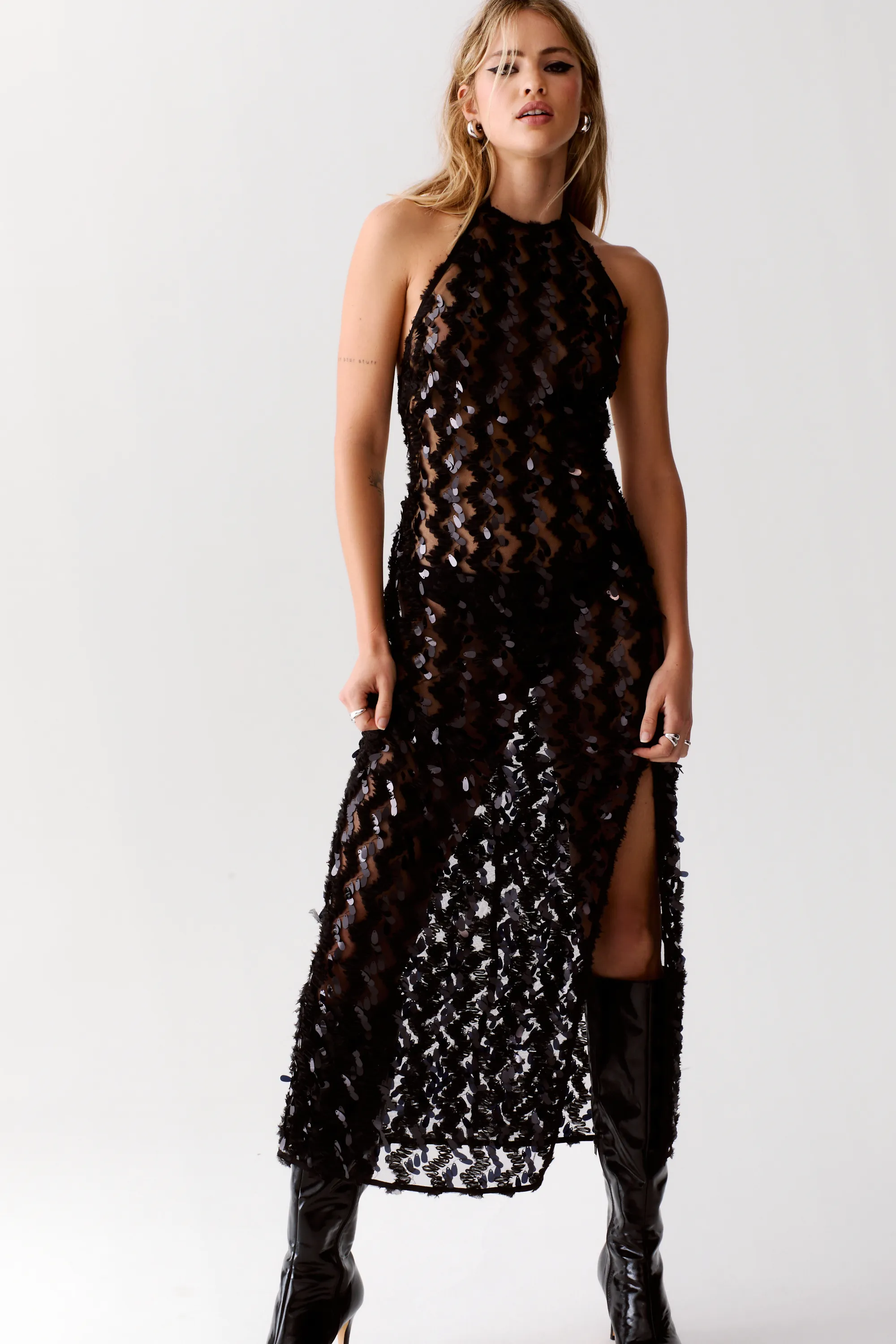 Sheer Zigzag Sequin Open Back Maxi Dress