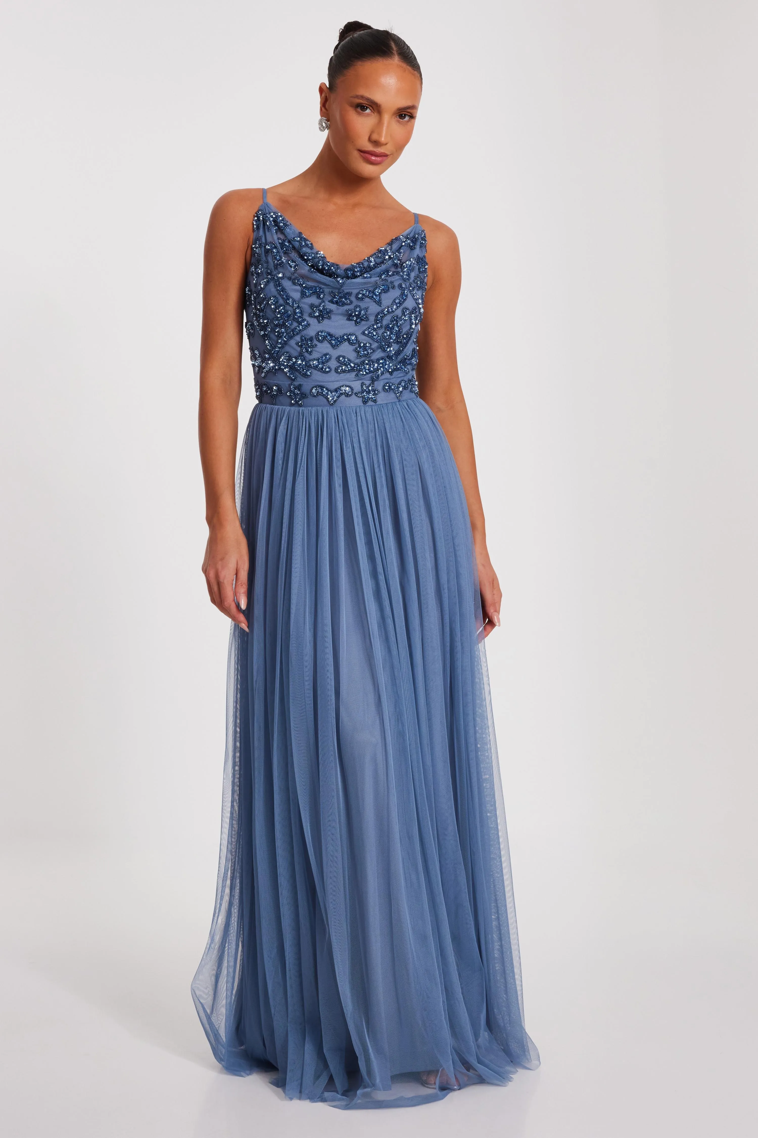 Blue Mesh Beaded Maxi Dress