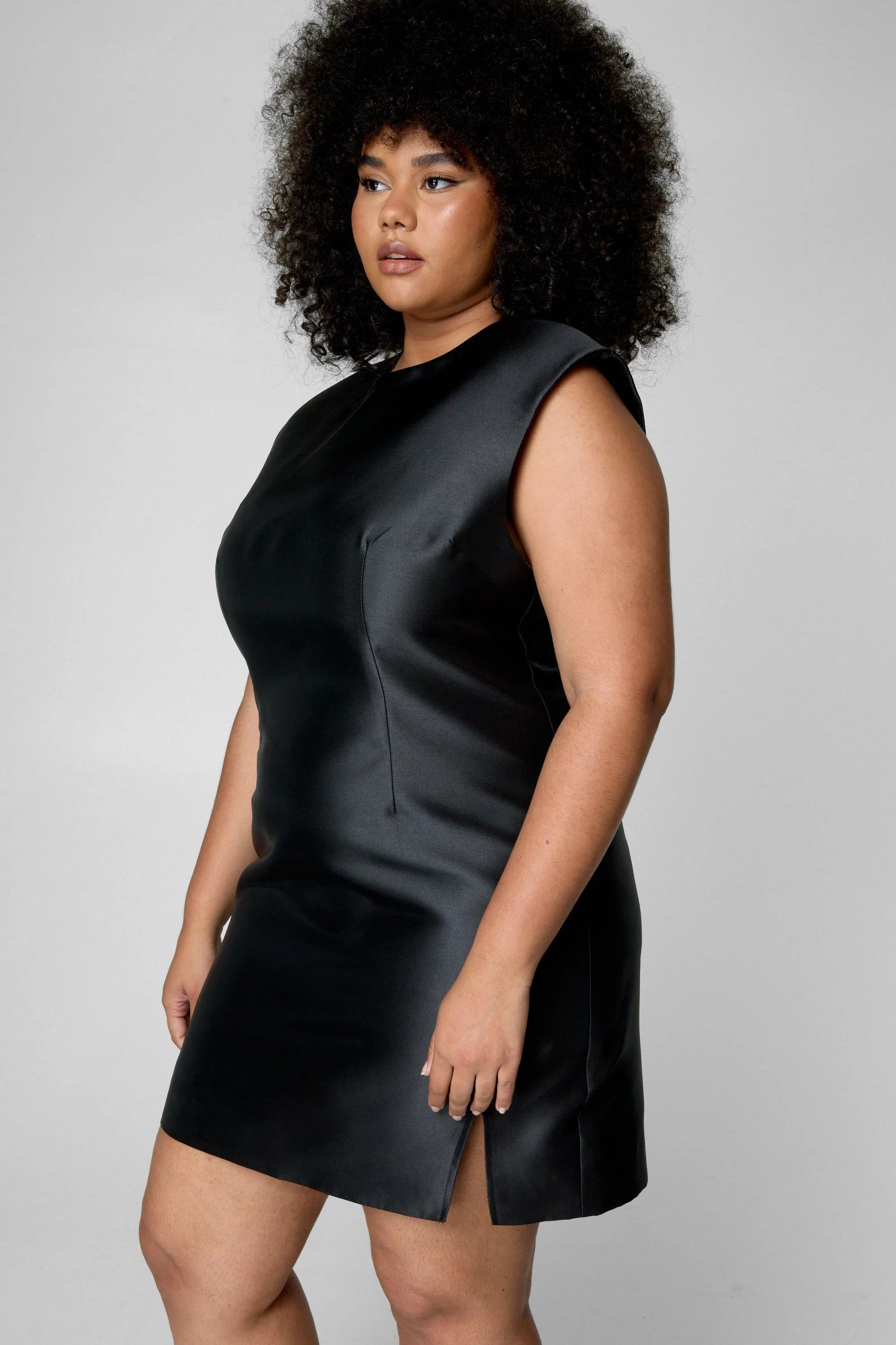Plus Structured Satin Shoulder Pad Side Split Dress 3 Plus Structured Satin Shoulder Pad Side Split Dress