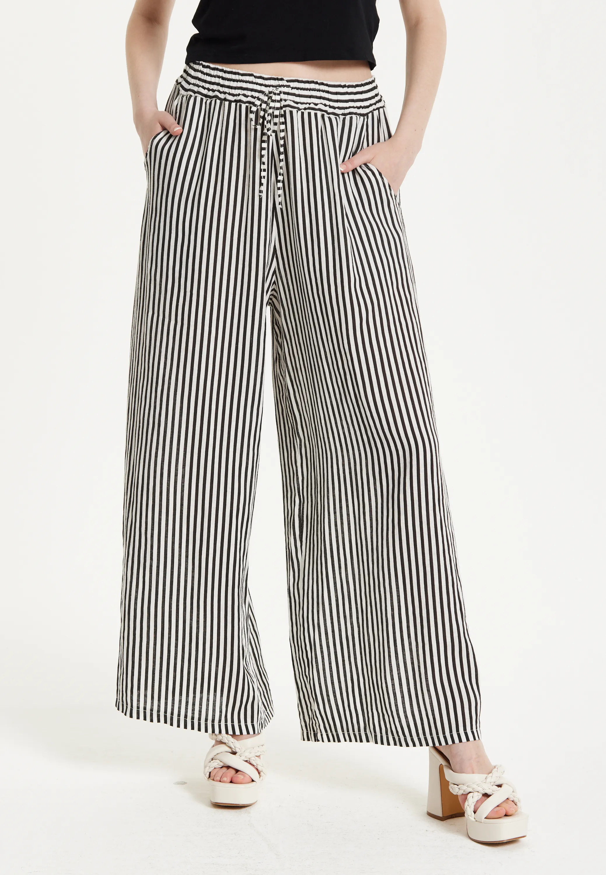 Black and White Striped Wide Leg Trousers