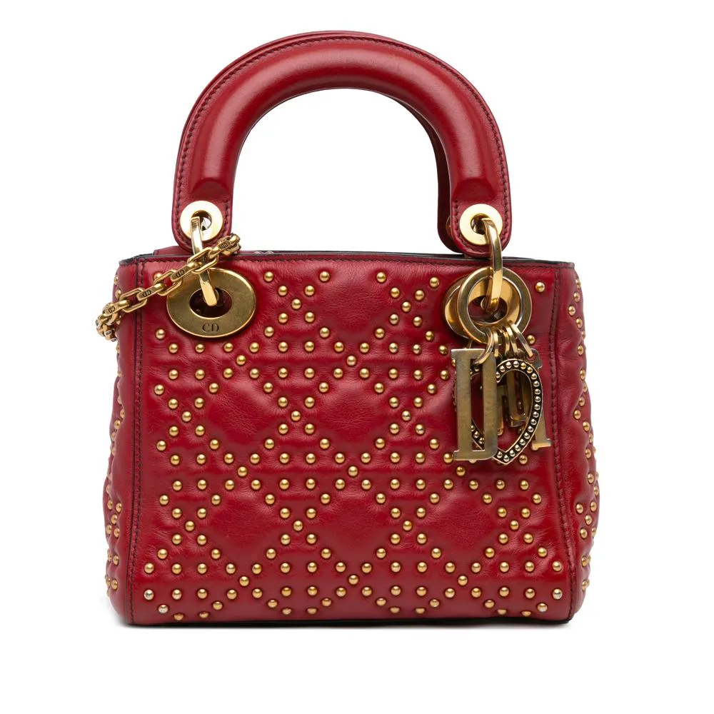 Preloved Elegant Quilted Leather Top Handle Bag with Studs and Charm