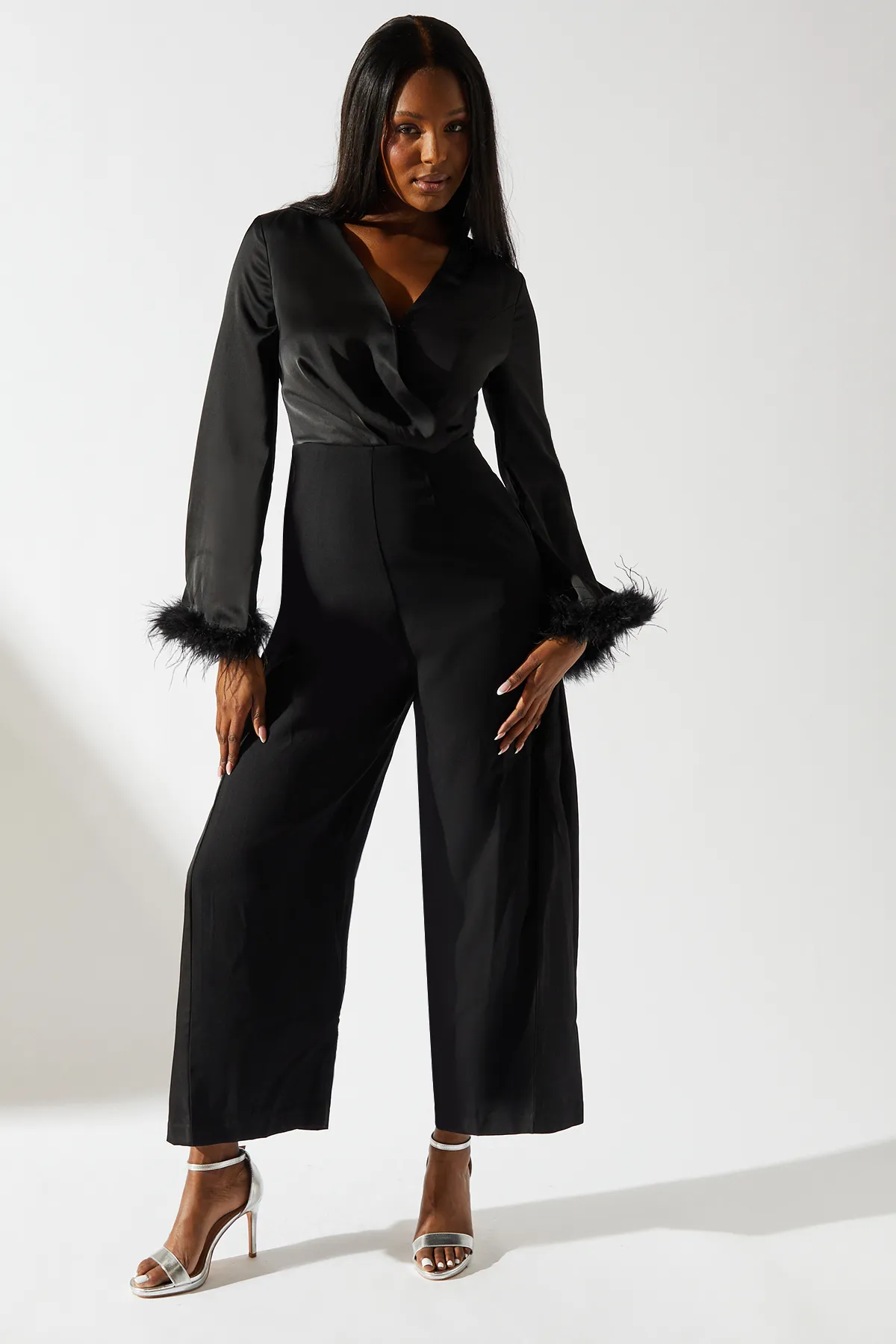 Satin Long Sleeve Jumpsuit With Feather Cuff 1 Satin Long Sleeve Jumpsuit With Feather Cuff
