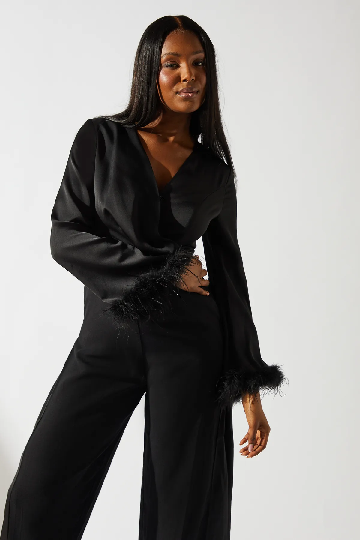 Satin Long Sleeve Jumpsuit With Feather Cuff 2 Satin Long Sleeve Jumpsuit With Feather Cuff