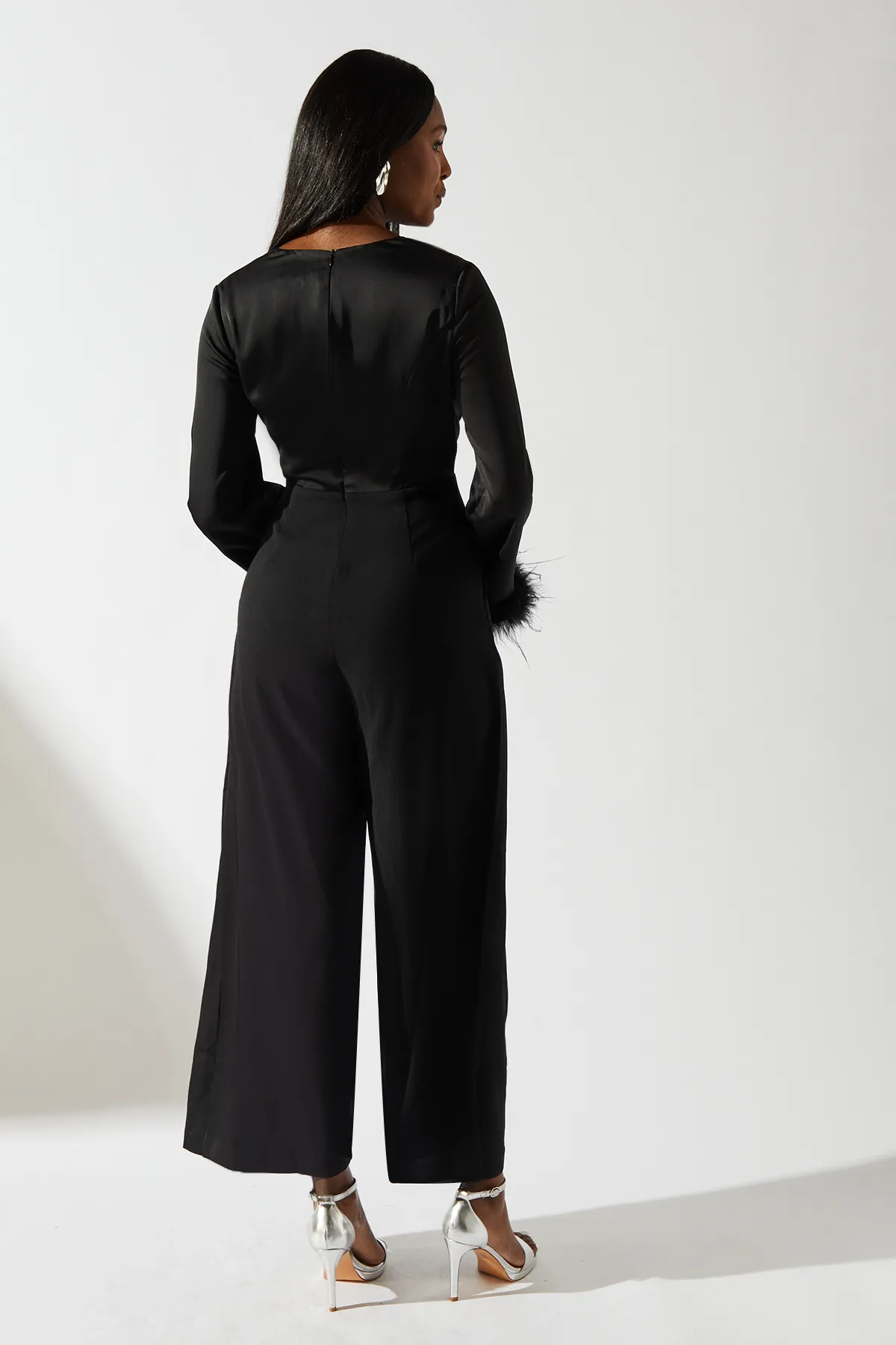 Satin Long Sleeve Jumpsuit With Feather Cuff 3 Satin Long Sleeve Jumpsuit With Feather Cuff