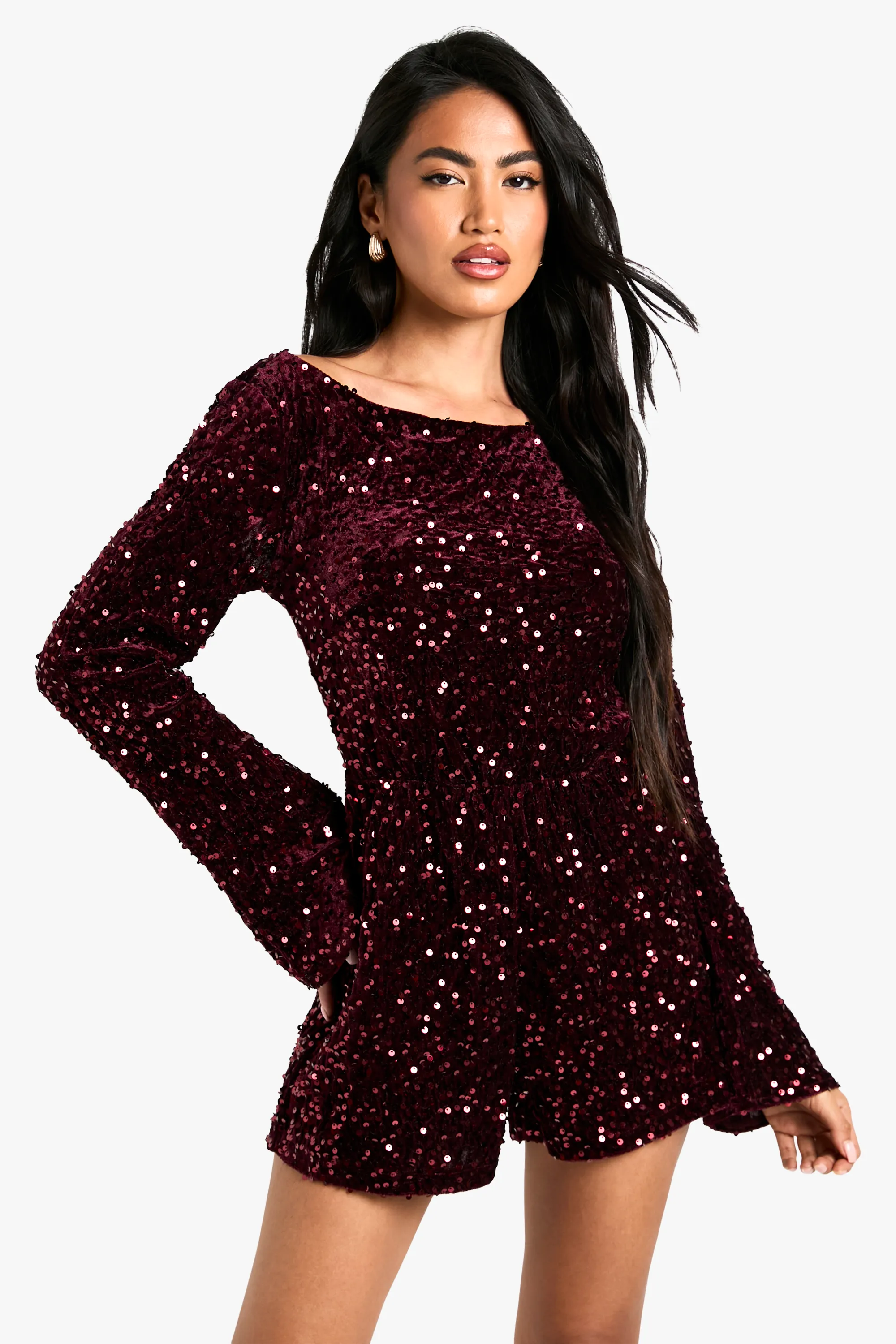 Velvet Sequin Flare Sleeve Playsuit 1 Velvet Sequin Flare Sleeve Playsuit