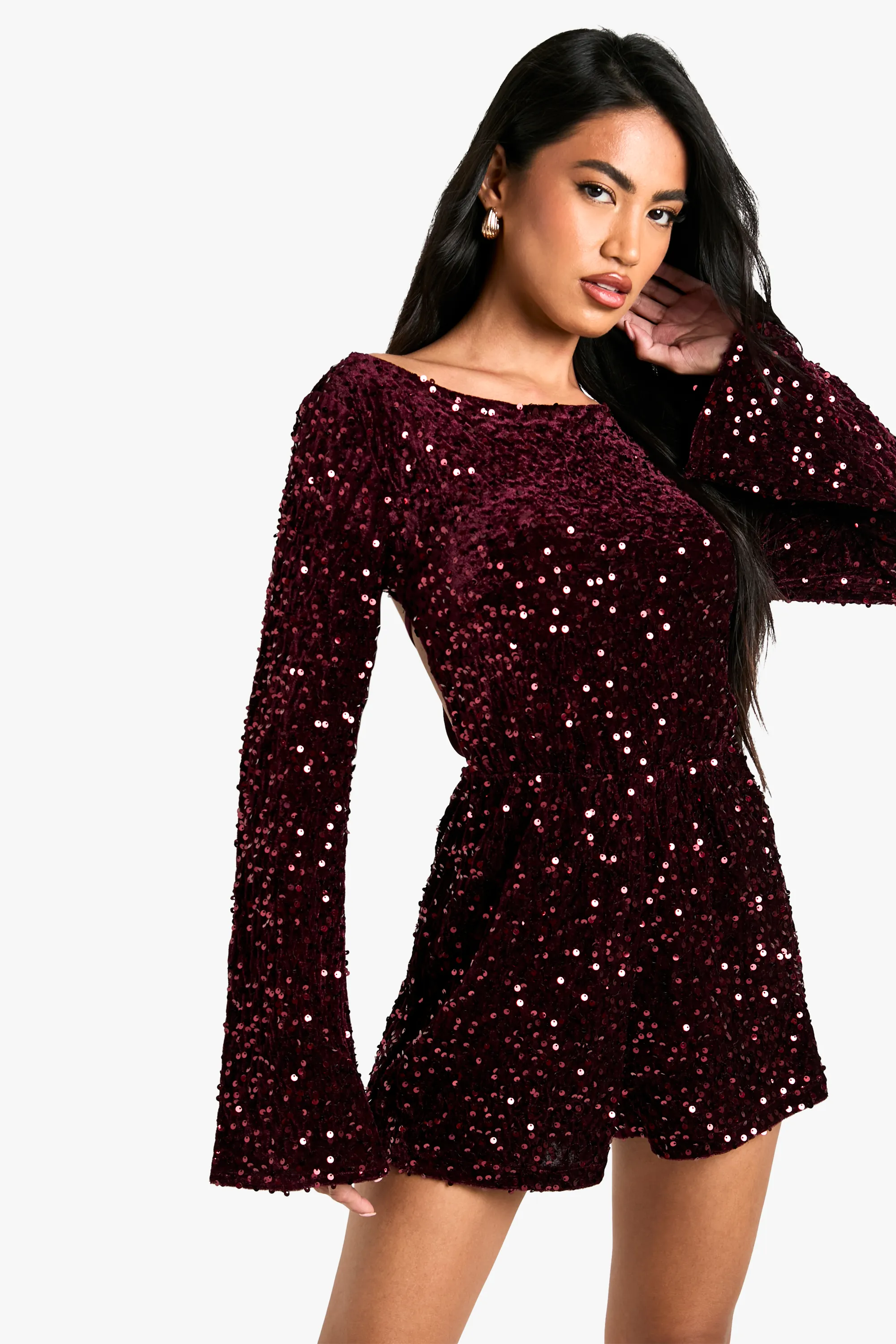 Velvet Sequin Flare Sleeve Playsuit 3 Velvet Sequin Flare Sleeve Playsuit