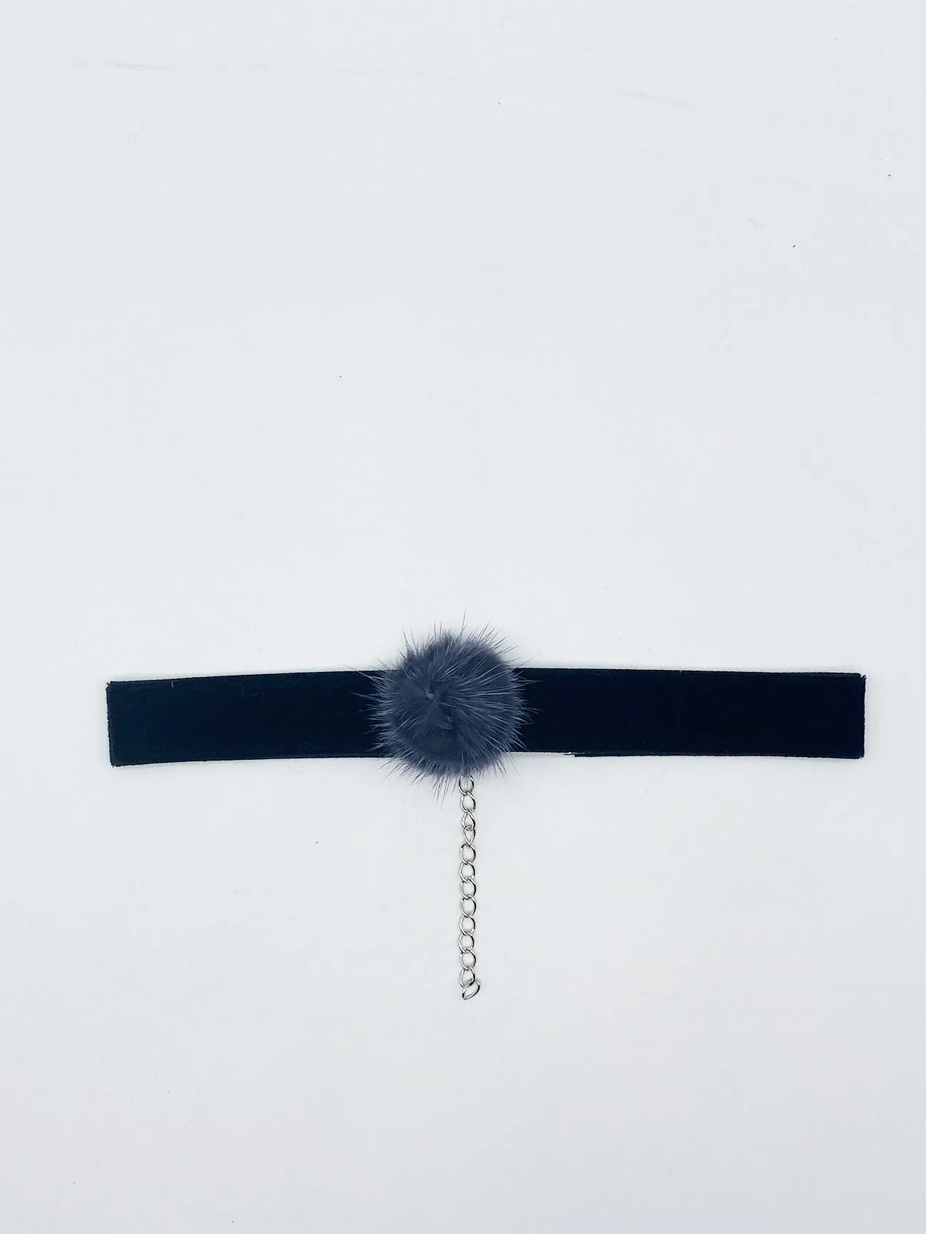 Black Faux Velvet Band Choker Necklace With Grey Pom Pom 1 Black Faux Velvet Band Choker Necklace With Grey Pom Pom
