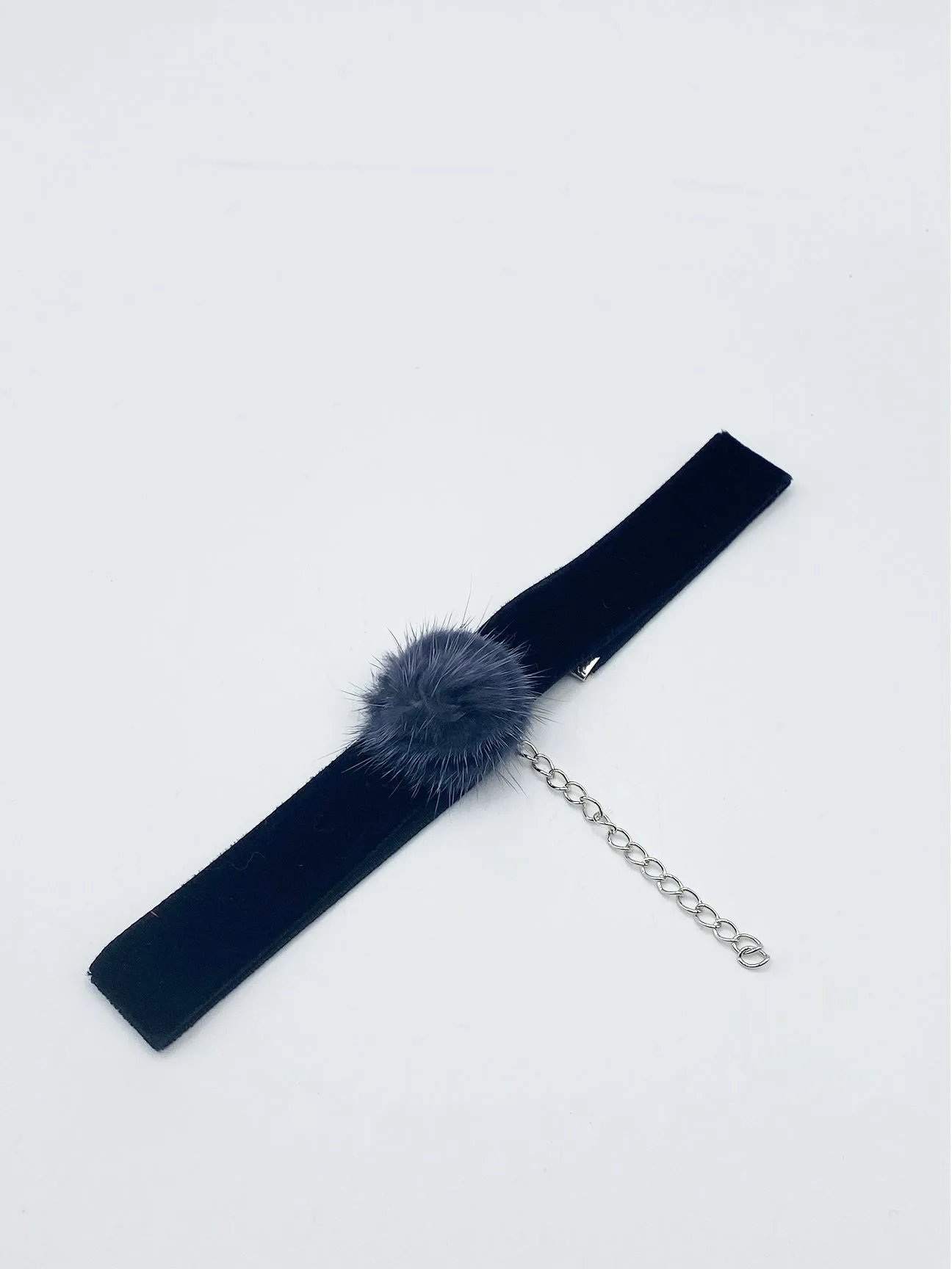 Black Faux Velvet Band Choker Necklace With Grey Pom Pom 2 Black Faux Velvet Band Choker Necklace With Grey Pom Pom