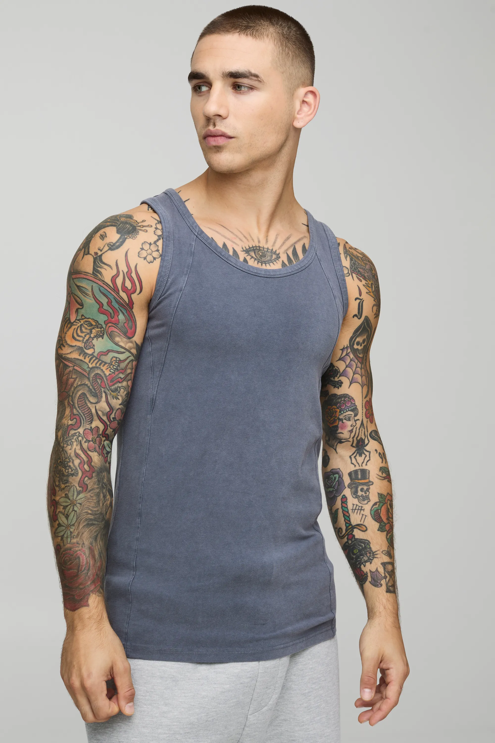 Muscle Fit Panelled Acid Wash Vest