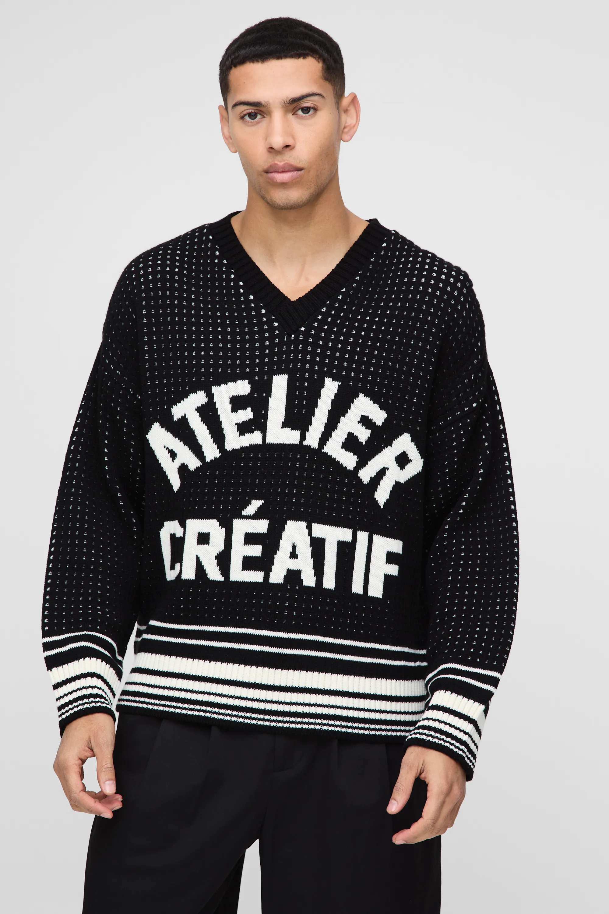 Boxy Crochet Look Stripe V Neck Knitted Jumper