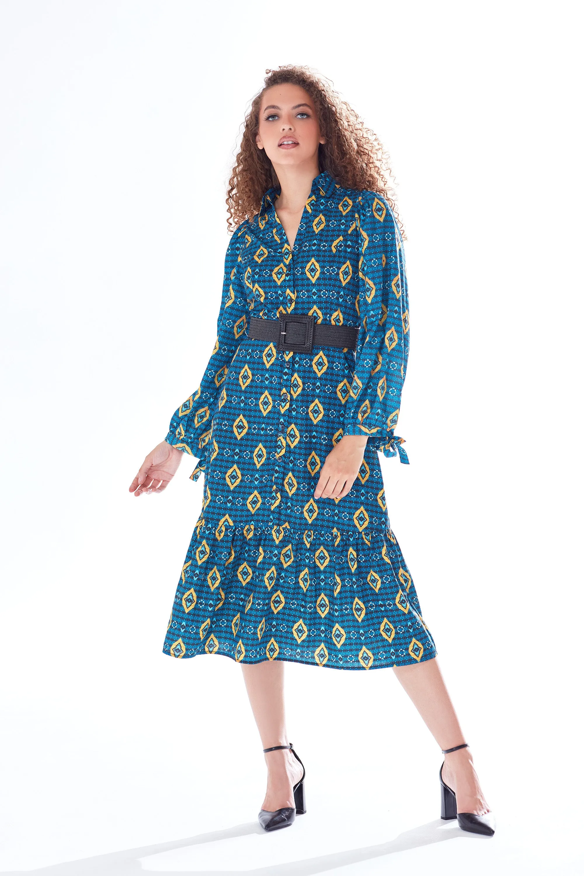 African Print Midi Dress Blue & Yellow