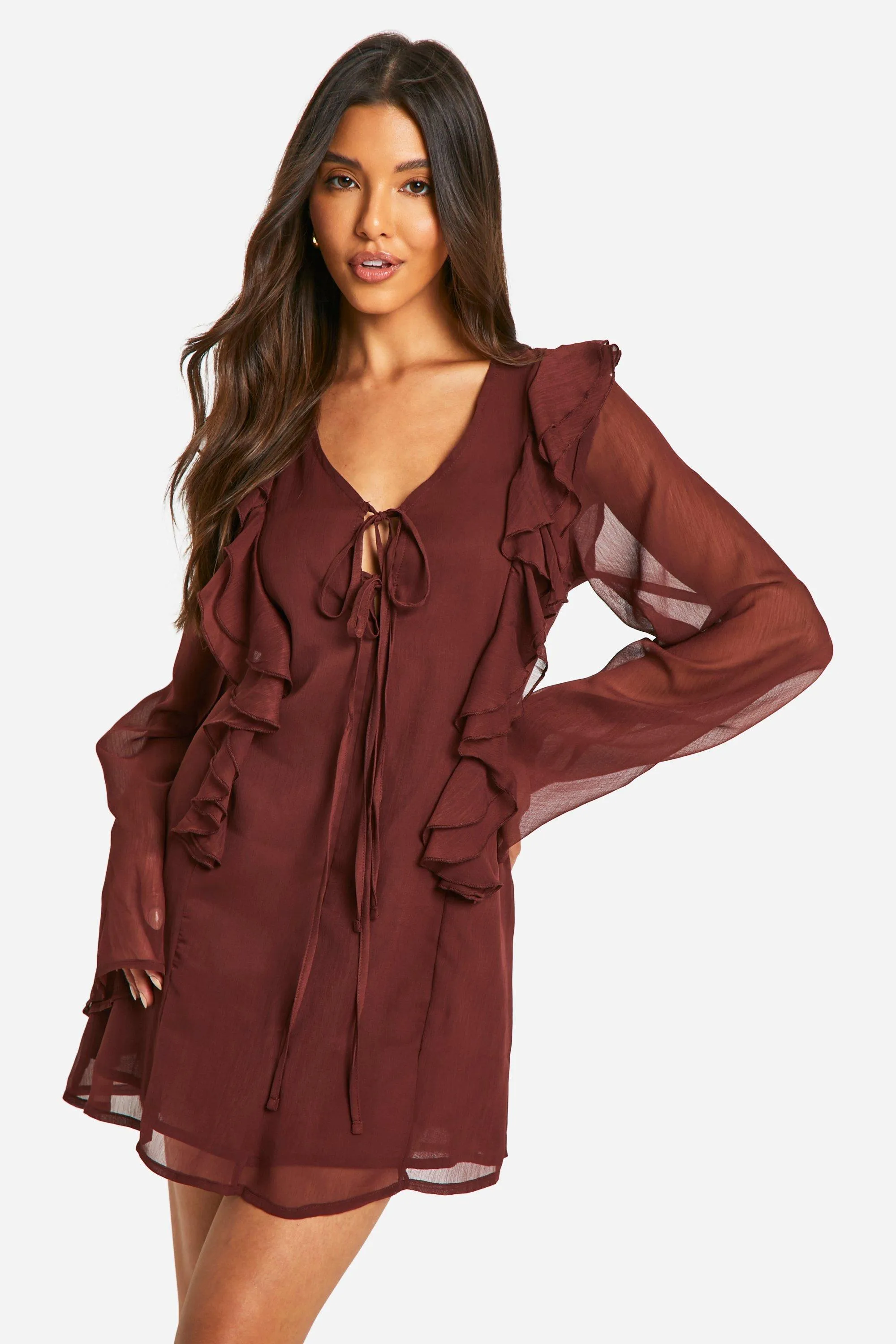 Crinkle Chiffon Ruffle Tie Front Mini Dress 1 Crinkle Chiffon Ruffle Tie Front Mini Dress