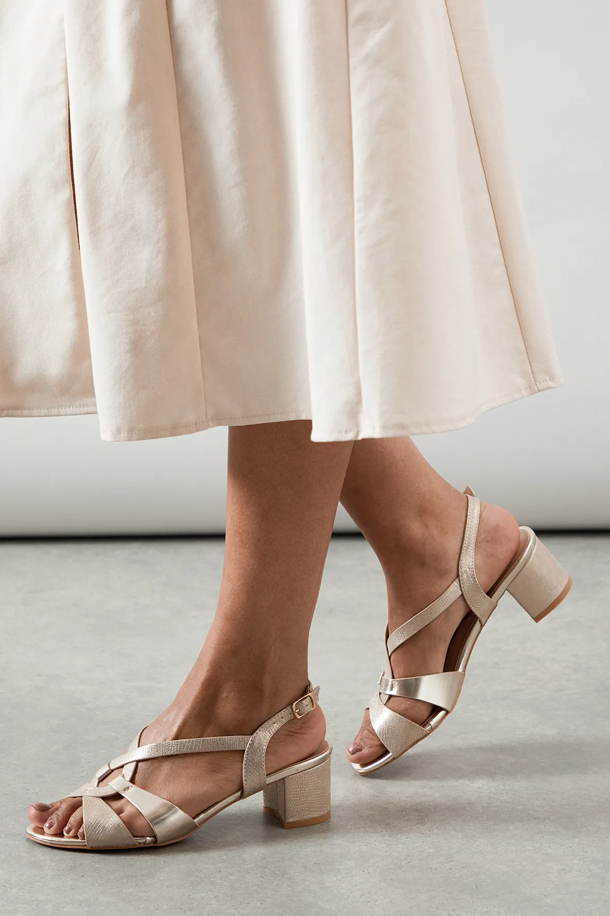 Good For The Sole: Claire Metallic Mixed Material Medium Block Heel Slingback Sandals 1 Good For The Sole: Claire Metallic Mixed Material Medium Block Heel Slingback Sandals