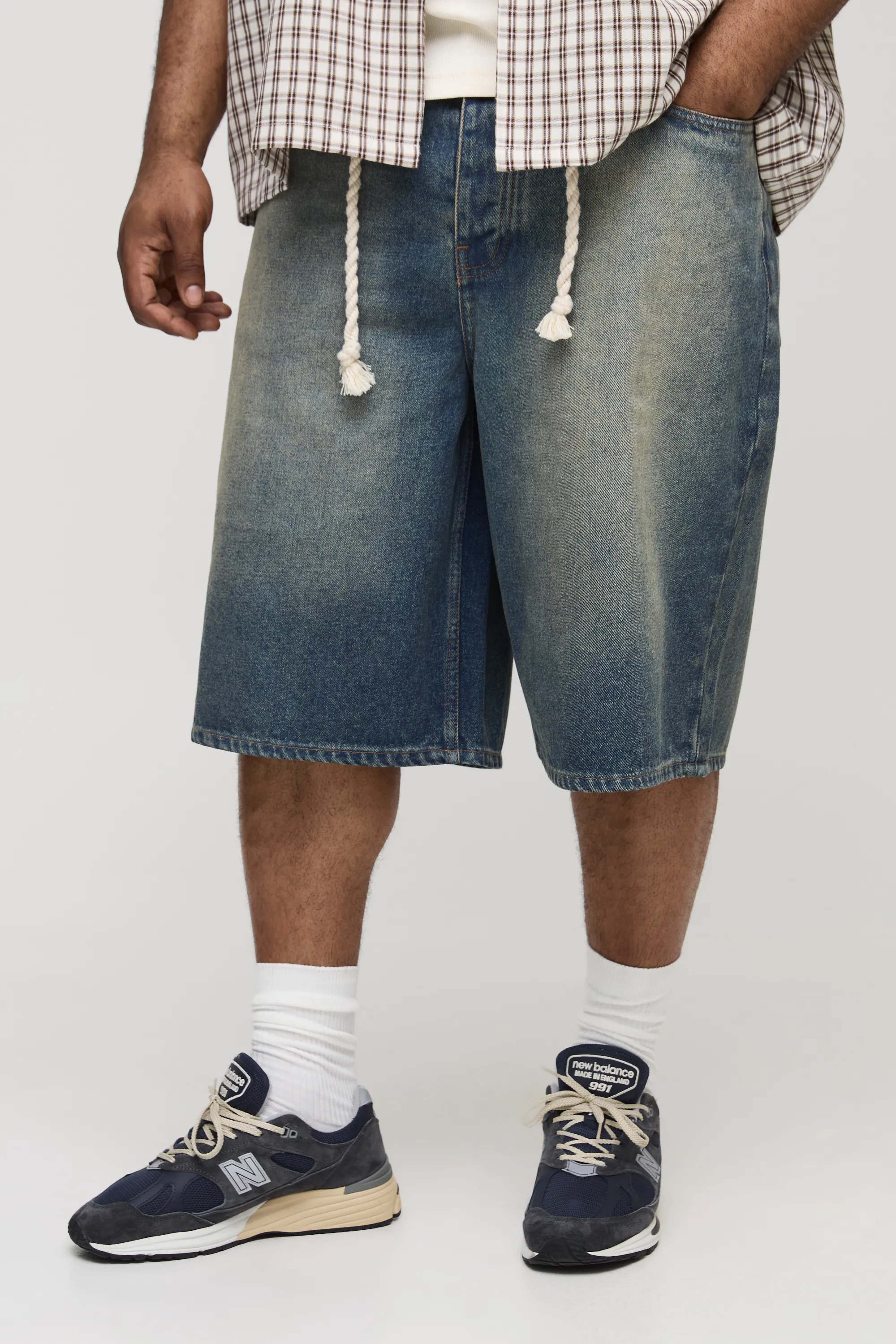Plus Relaxed Fit Chunky Rope Belted Stone Wash Jorts