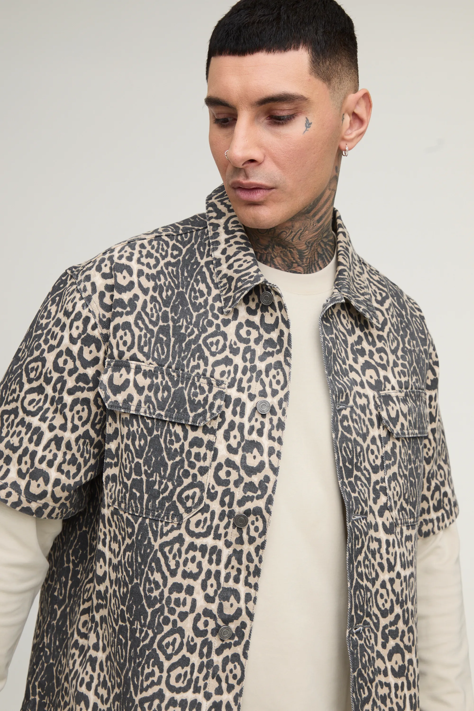 Tall Wash Leopard Boxy Fit Denim Shirt 3 Tall Wash Leopard Boxy Fit Denim Shirt