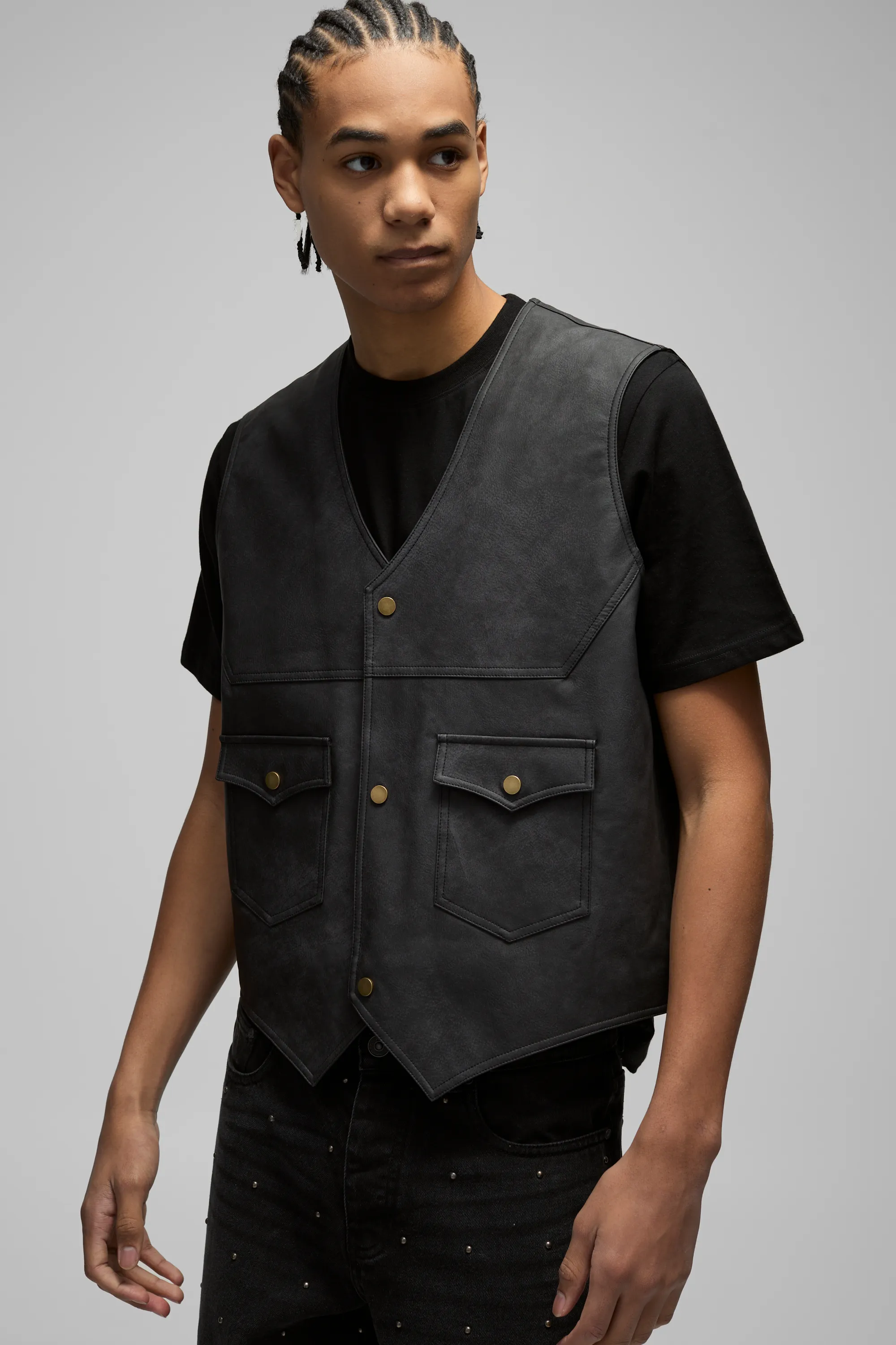 Regular Fit Washed Tumbled PU Western Gilet Jacket 1 Regular Fit Washed Tumbled PU Western Gilet Jacket