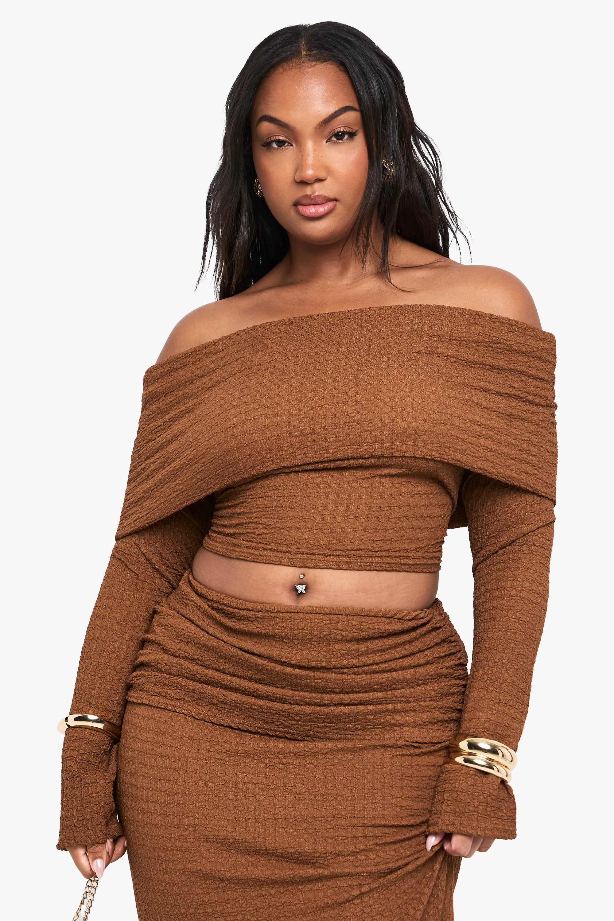 Plus Bardot Crinkle Long Sleeve Top