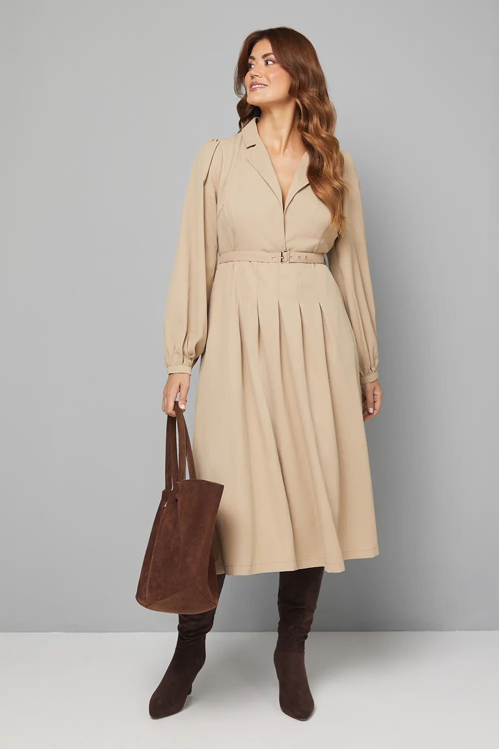 Crepe Collared Belted Midi Dress 1 Crepe Collared Belted Midi Dress